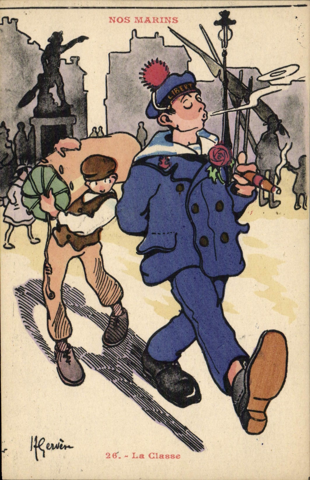 Ilustrador de Gervese de la POSTAL de la VENDIMIA nuestros marineros la clase