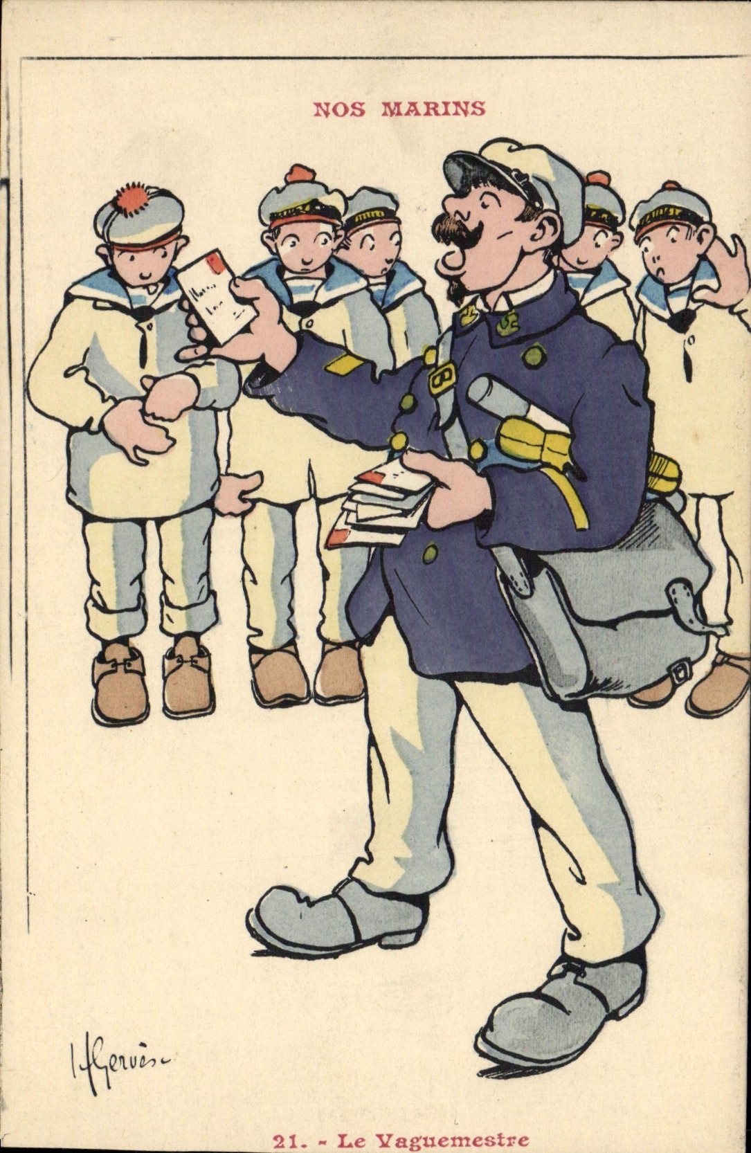 Ilustrador de Gervese de la POSTAL de la VENDIMIA nuestros marineros la ordenanza del poste