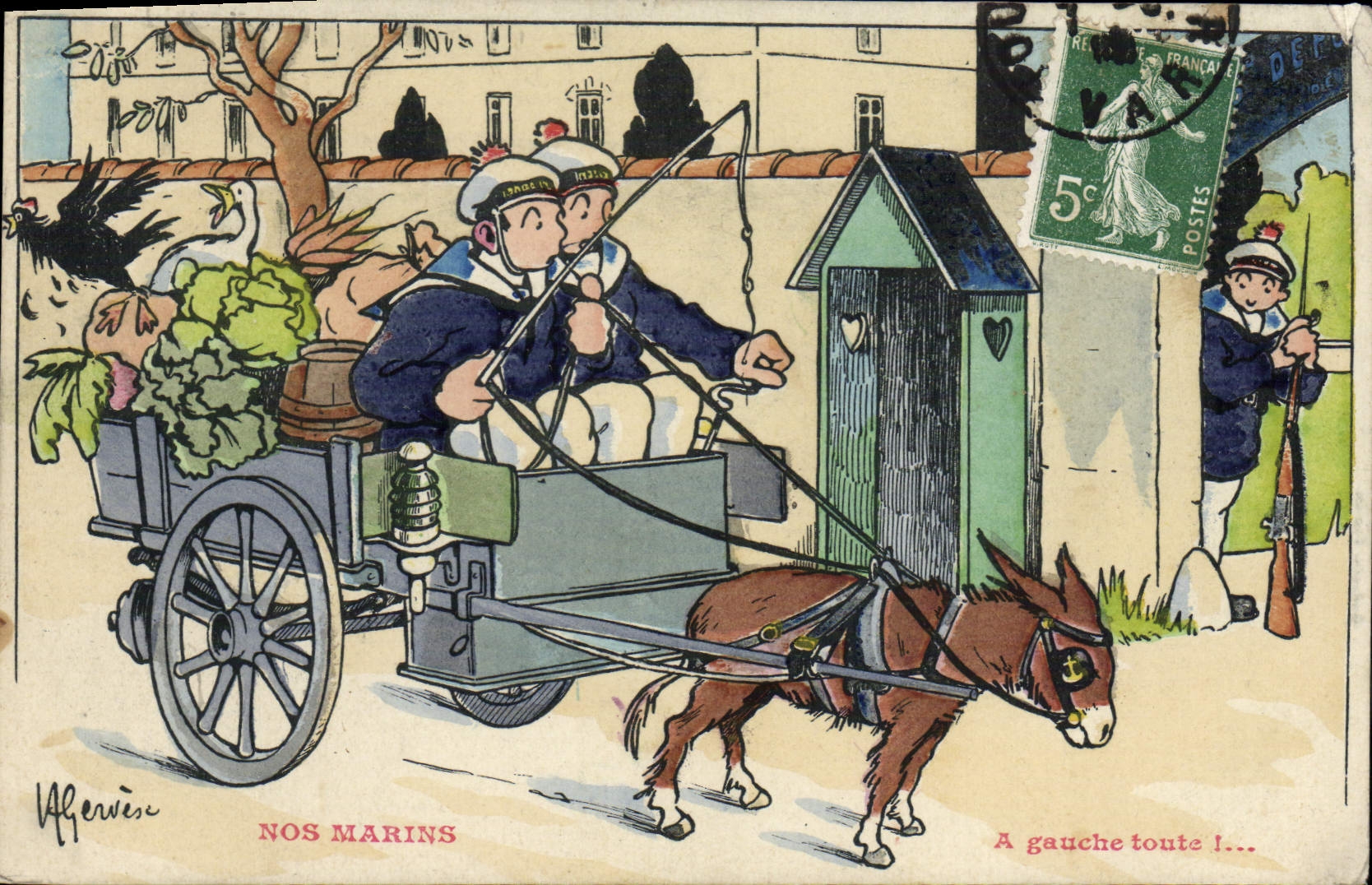 Ilustrador de Gervese de la POSTAL de la VENDIMIA nuestros marineros a la izquierda cualquie mula del asno
