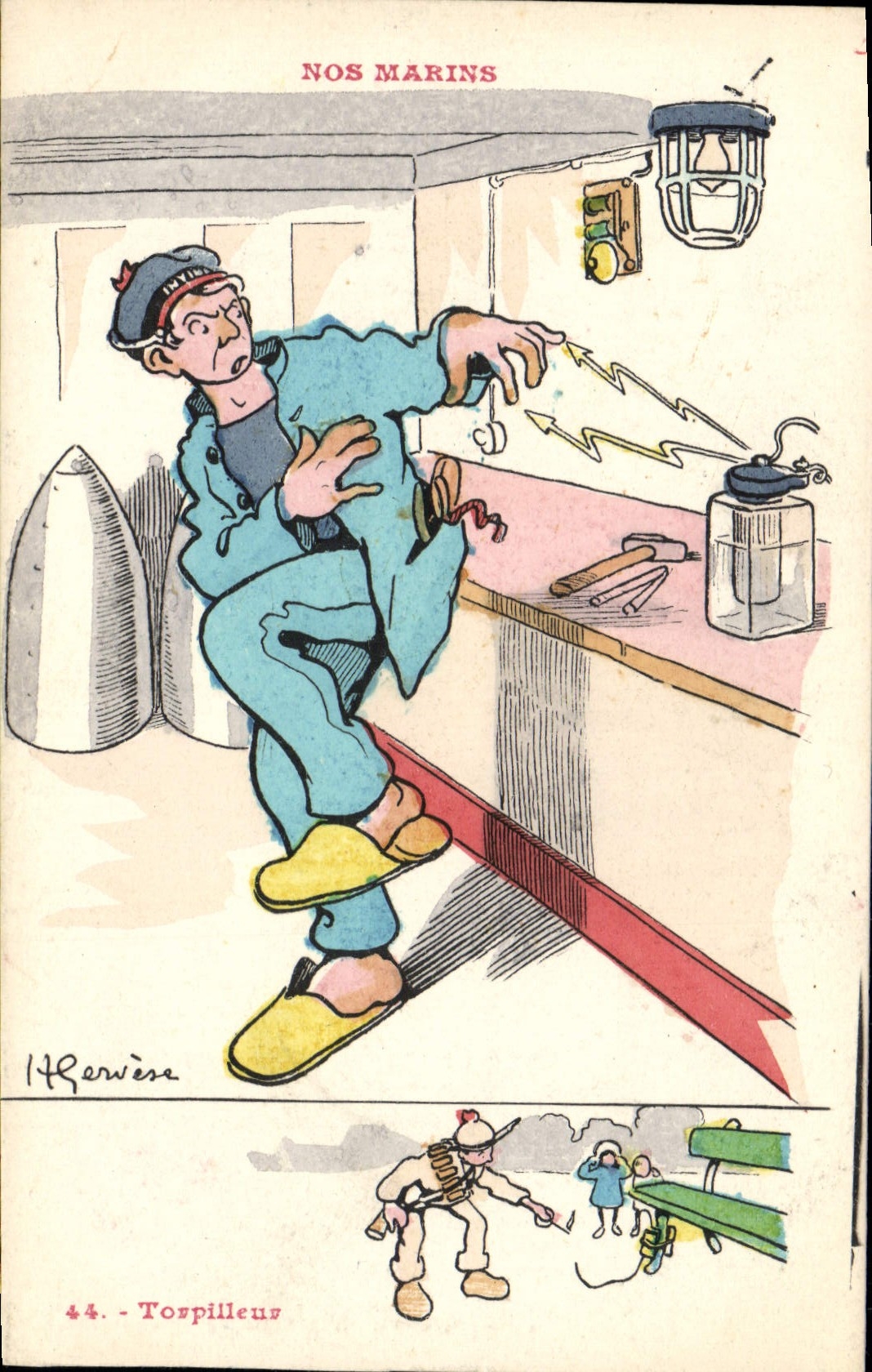 Ilustrador de Gervese de la POSTAL de la VENDIMIA nuestro destructor de los marineros