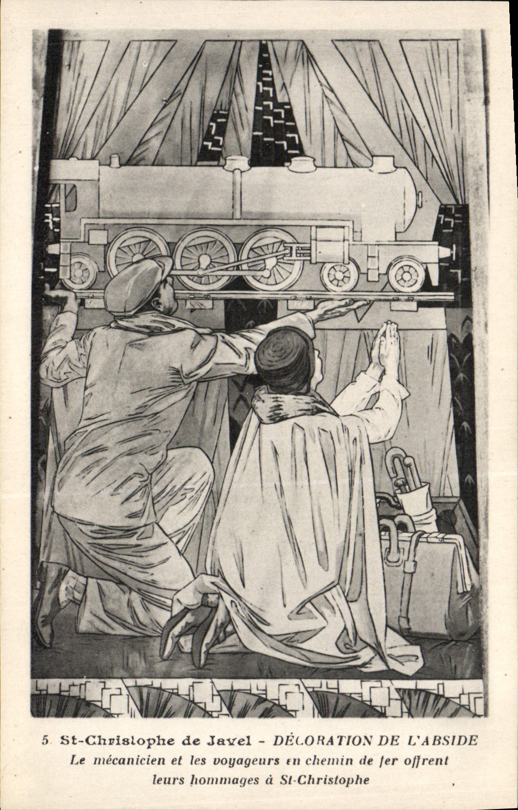 St Cristóbal del tren de la POSTAL de la VENDIMIA de la decoración de Javel del apse el mecánico y los viajeros en ferrocarril