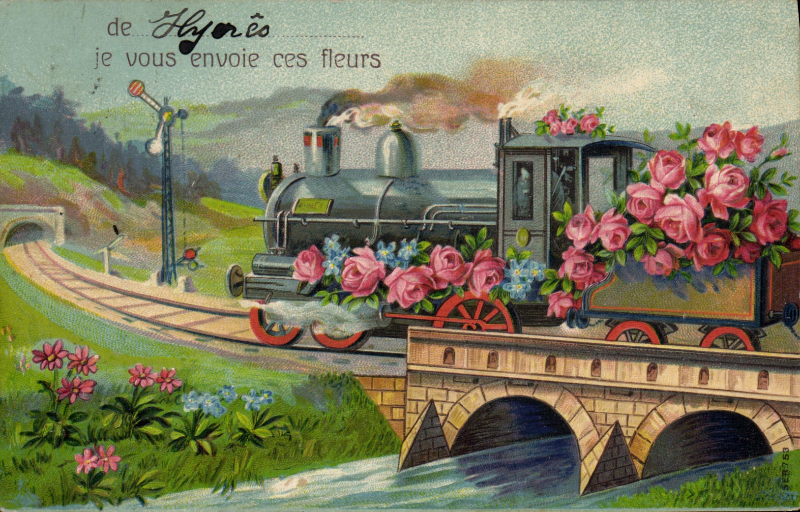 VINTAGE POSTCARD Train Hyeres Flowers