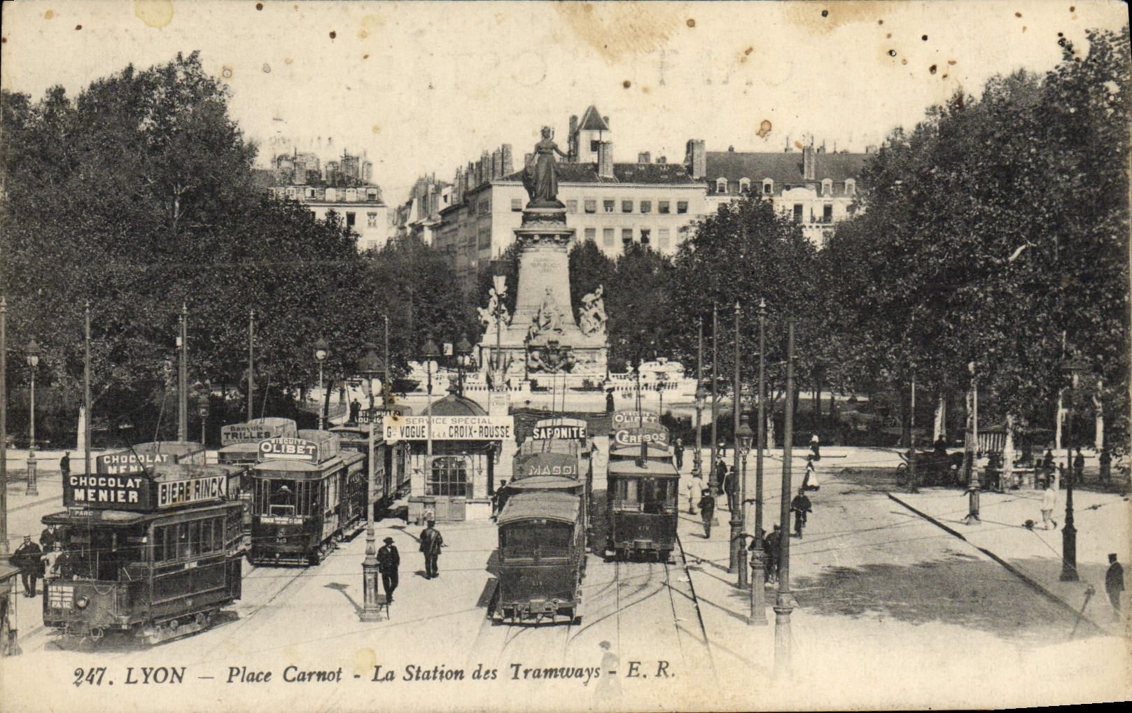 VINTAGE POSTCARD Tramway Lyon Places Carnot the station of the trams