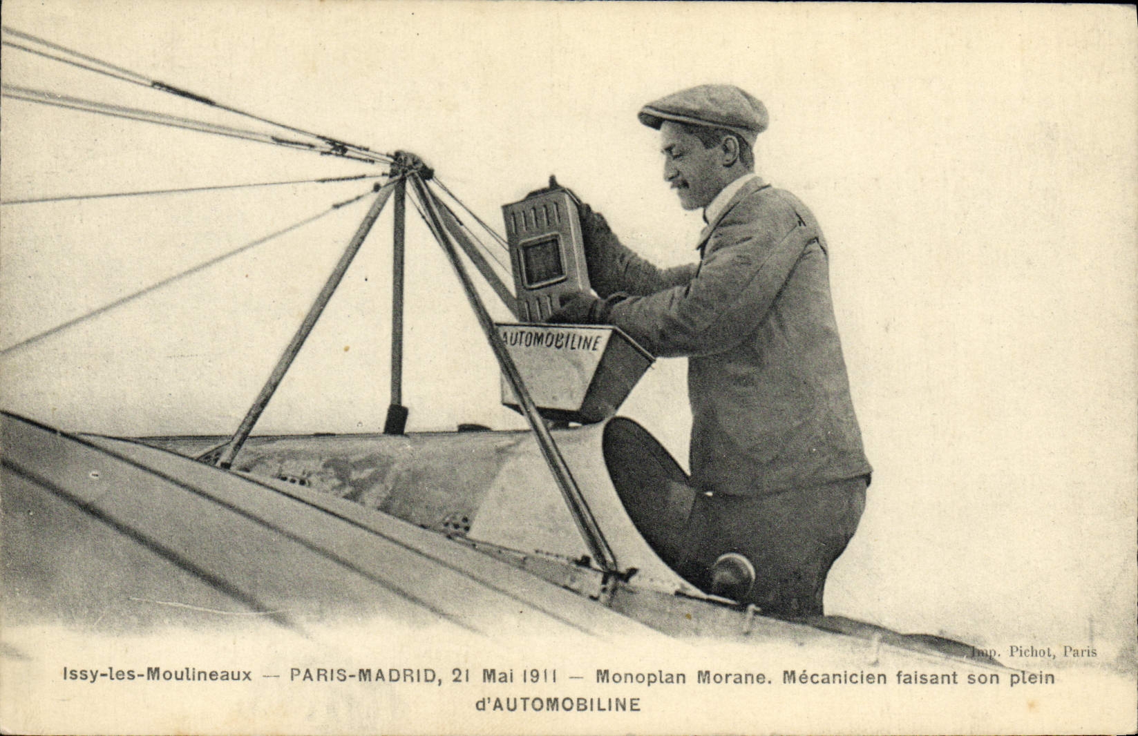 VINTAGE POSTCARD Plane Aviation issy Moulineaux May 21st, 1911 Monoplane Morane Mechanic making full sound of Automobiline