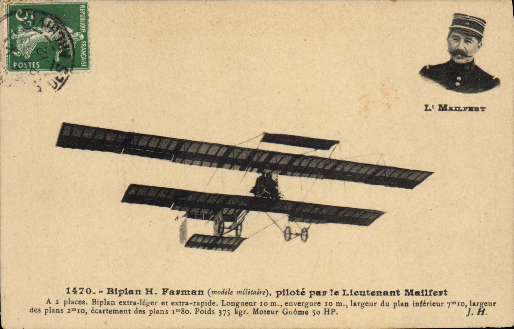 VINTAGE POSTCARD Avion Aviation Biplane H Farman controls by lieutenant Mailfert