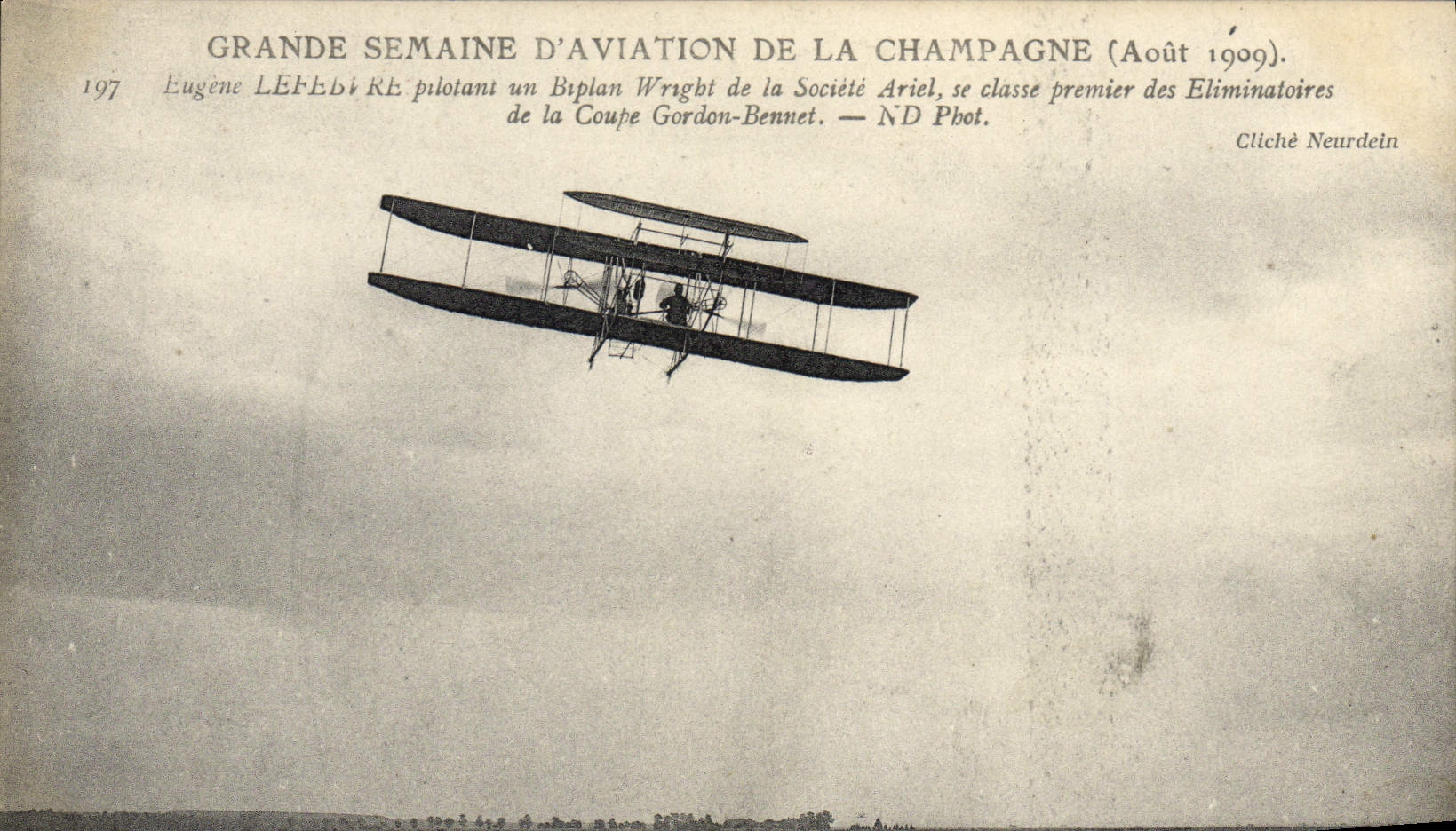 VINTAGE POSTCARD Plane Aviation Great week of the aviation of the Champagne Eugene Lefebvre controlling a biplane Wright Ariel Company