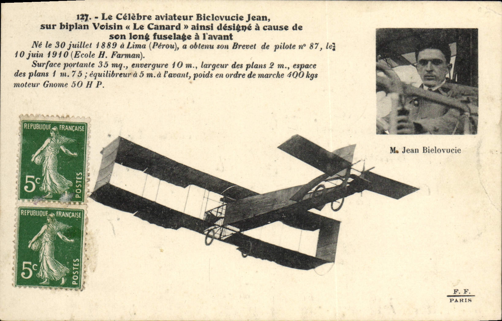 CPA Avion Aviation Le celebre aviateur Biclovucie Jean Biplan Voisin Le Canard 
