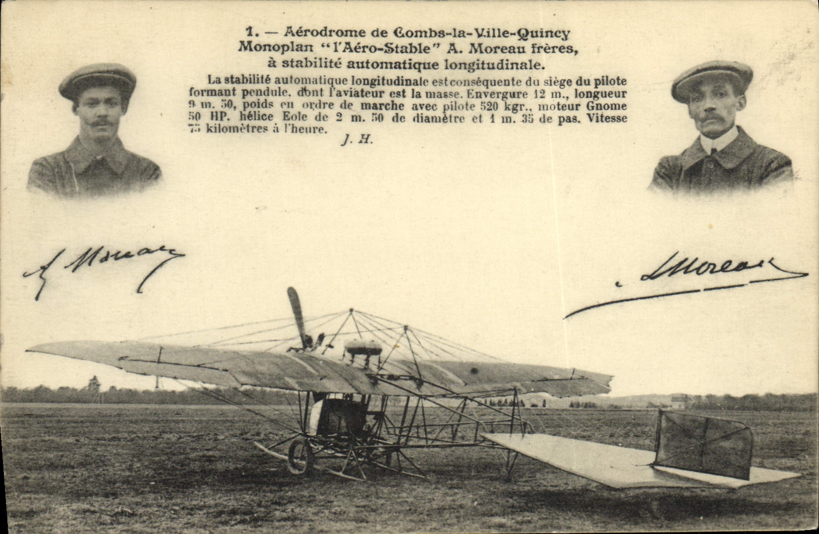 VINTAGE POSTCARD Avion Aviation Aerodrome of Combs the city Quincy Monoplan Aero stable has Moreau Freres has automatic stability