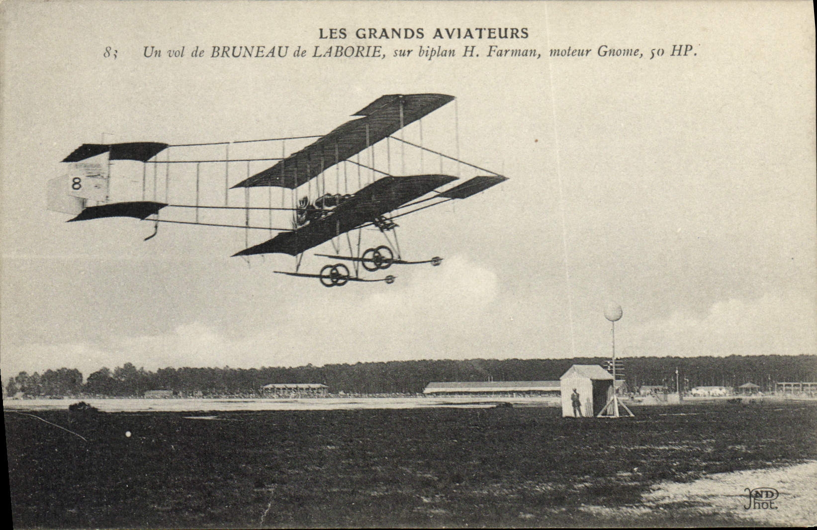 VINTAGE POSTCARD Plane Aviation a flight of Bruneau de Laborie Biplane Farman Driving Gnome