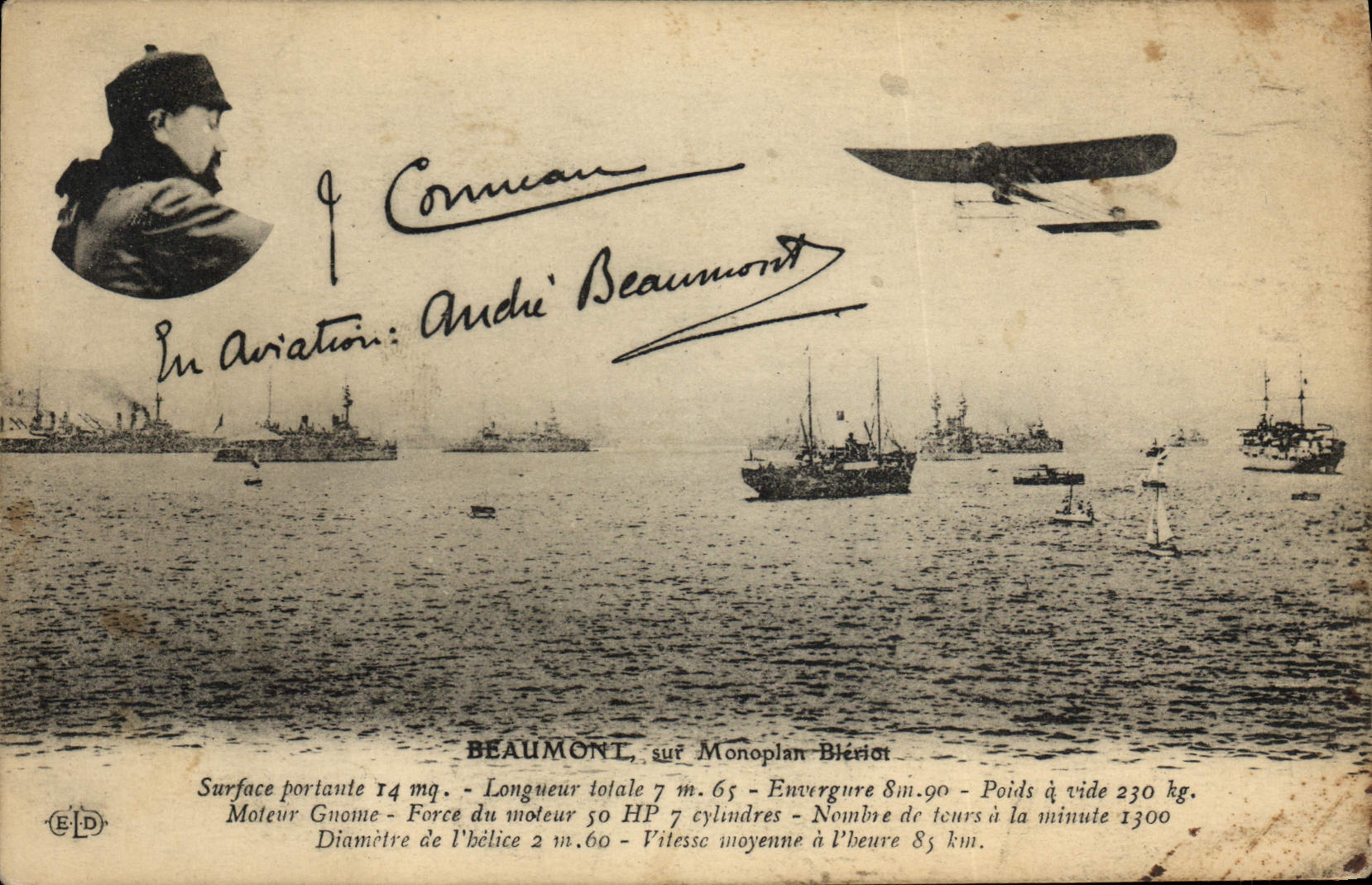 VINTAGE POSTCARD Plane Beaumont Aviation on monoplane Bleriot Boats