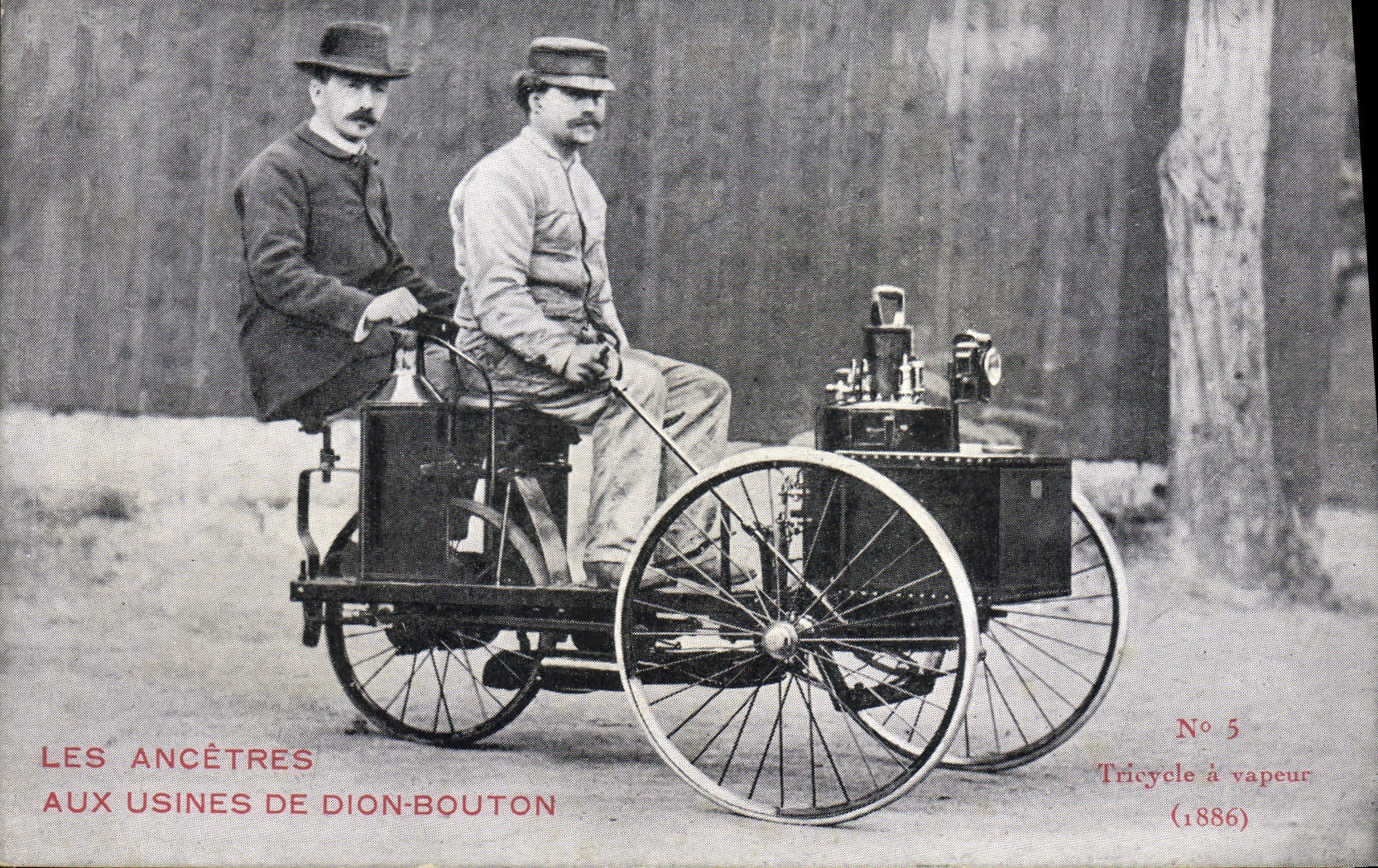 El automóvil de la POSTAL de la VENDIMIA los antepasados con las fábricas de triciclo de Dion Bouton Puteaux tiene ciclo del vapor 1886