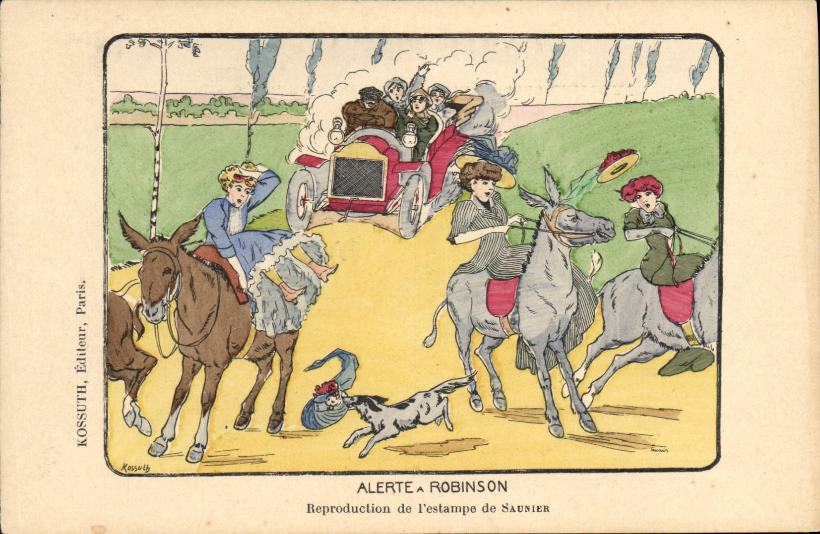 El perro alerta de las mujeres de la mula del asno del automóvil de la POSTAL de la VENDIMIA tiene Robinson Saunier