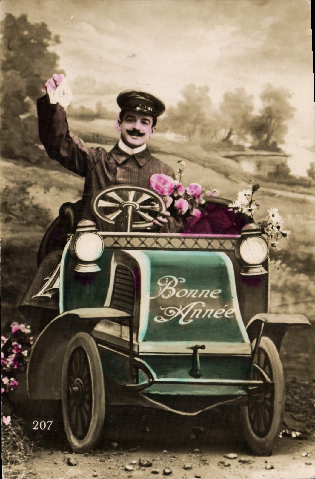 Hombre del automóvil de la POSTAL de la VENDIMIA Felices fiestas