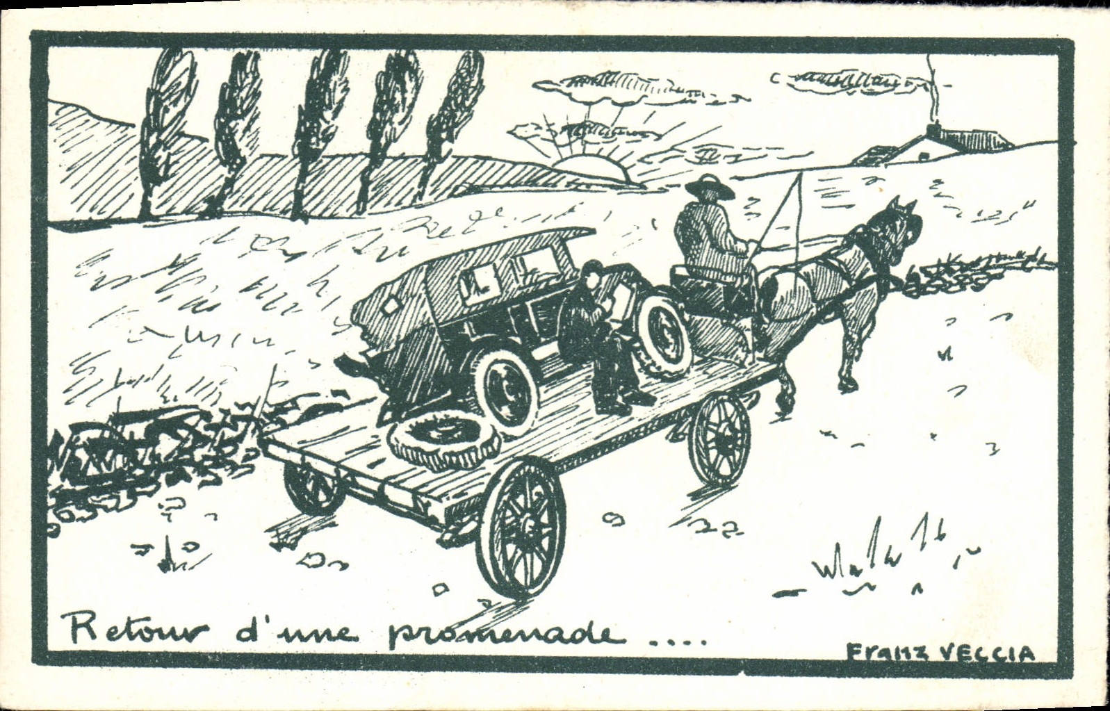 CPA Automobile Retour d'une promenade Franz Veccia
