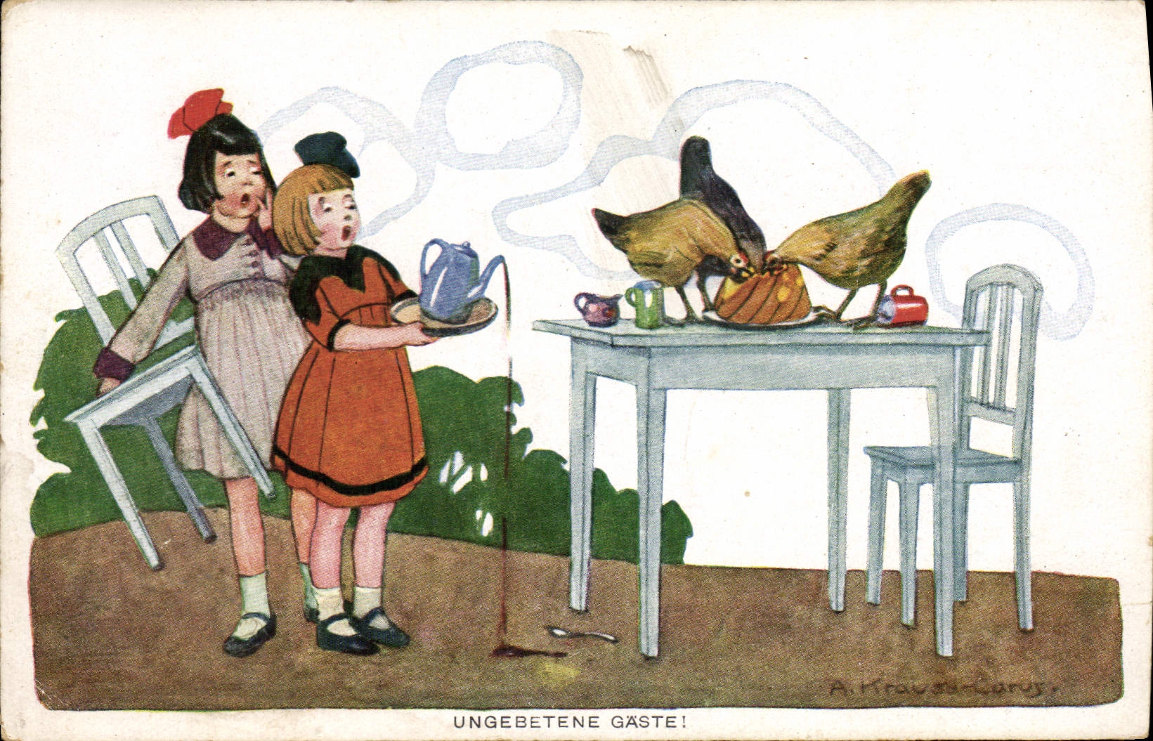 CPA Illustrateur Ungebetene Gaste Enfants Poules Krauss Larus