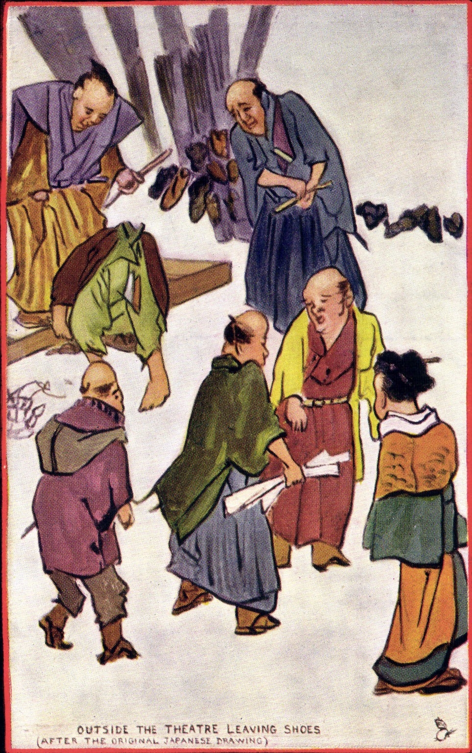 VINTAGE POSTCARD Japanese Japan Outside the theater leaving shoes