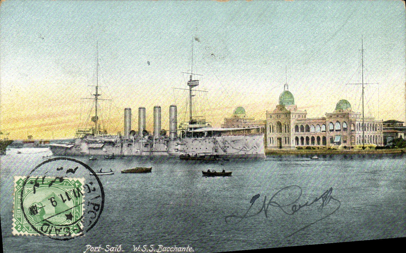 CPA Bateau Guerre Port Said WSS Bacchante Egypte Egypt