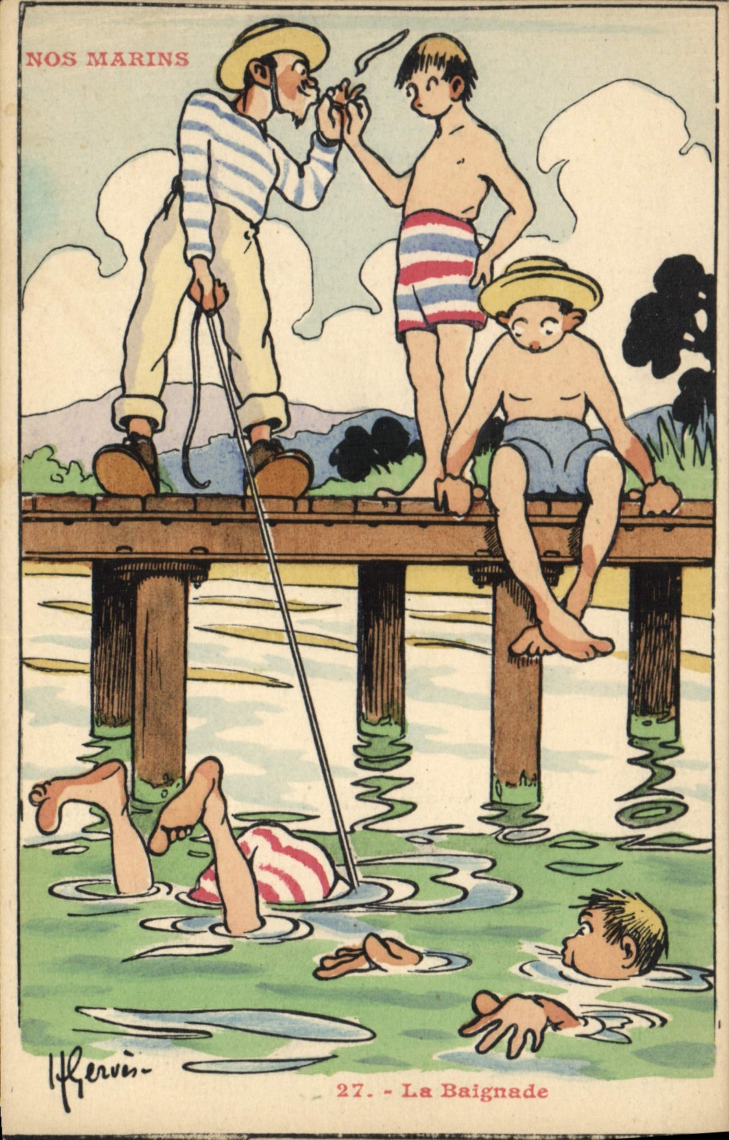 VINTAGE POSTCARD Marine Illustrator Gervese Boat War the bathe