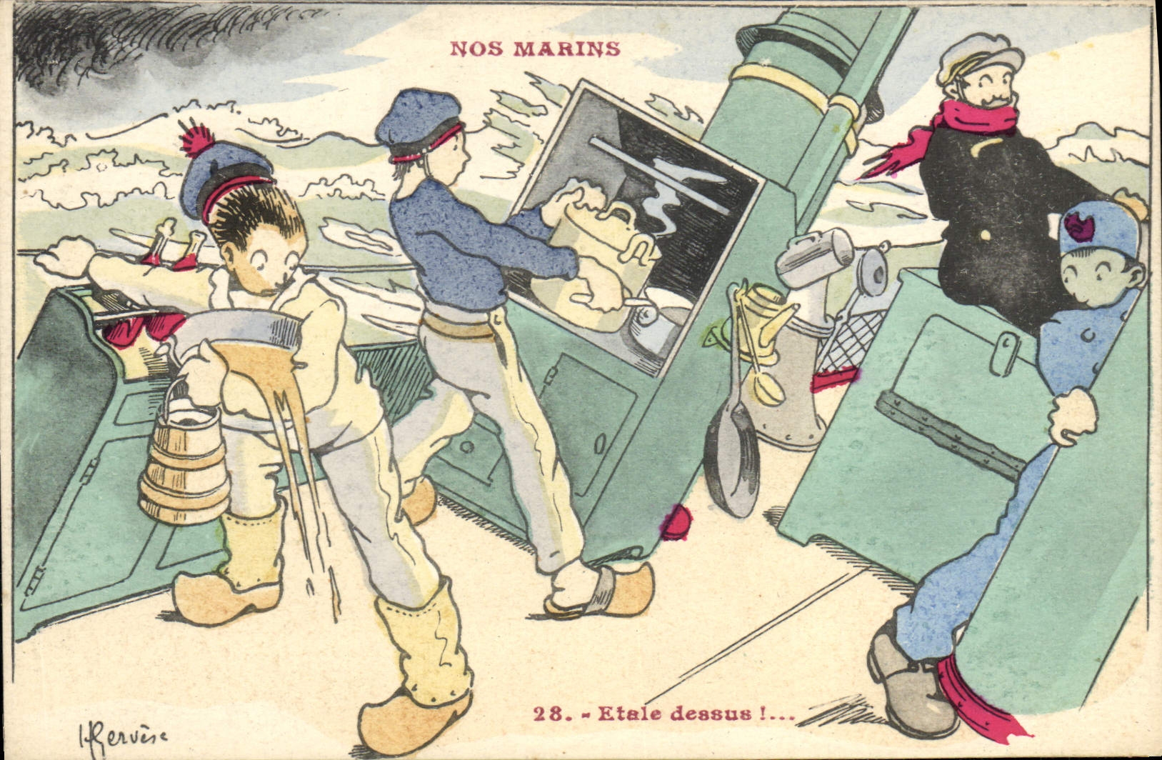 CPA Marins Illustrateur Gervese Bateau Guerre Etale dessus 