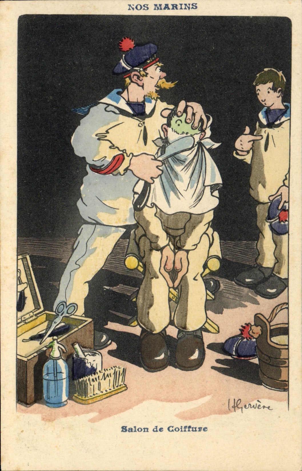 VINTAGE POSTCARD Marine Illustrator Gervese Boat War Hairdressing salon