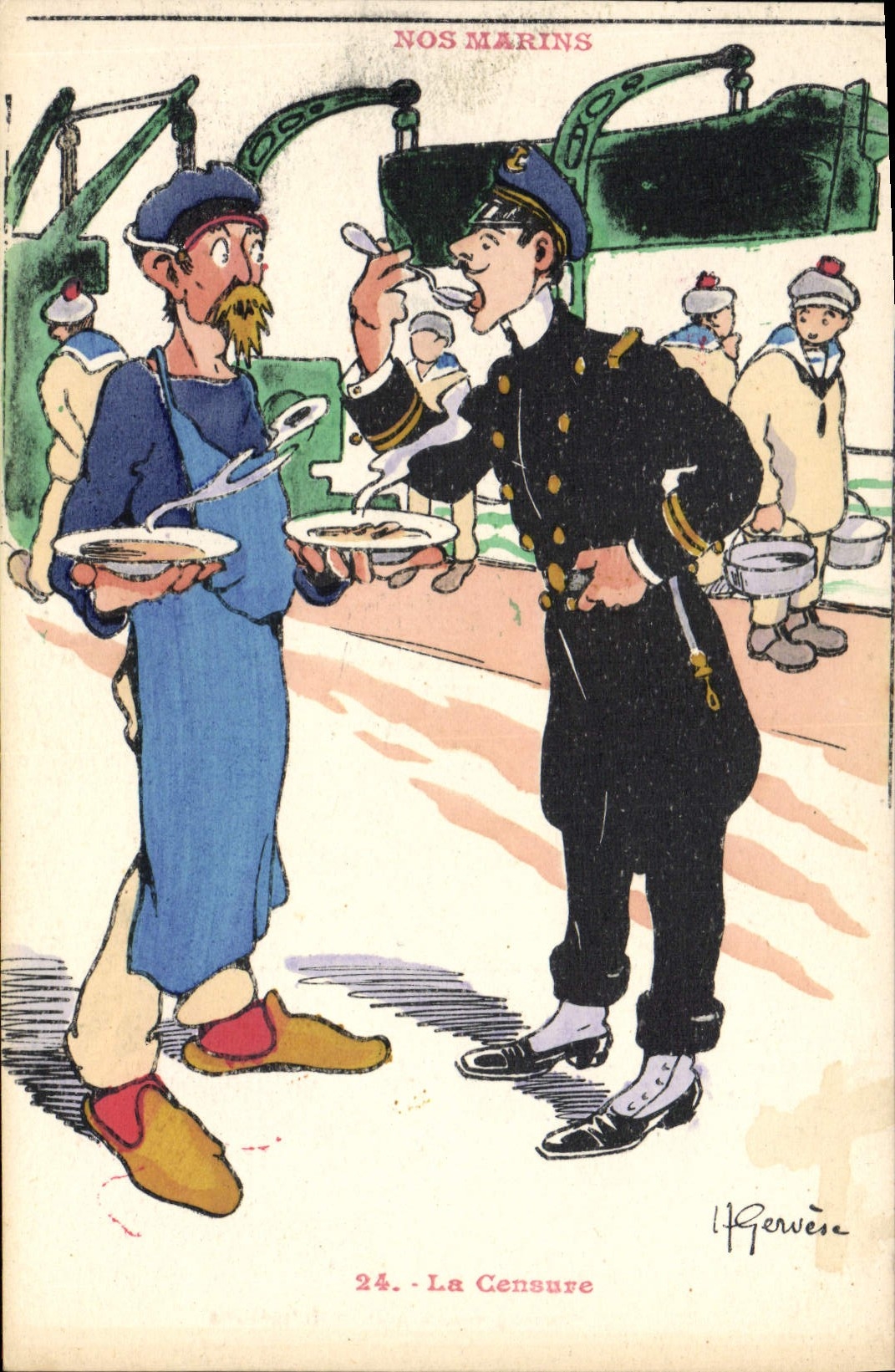 VINTAGE POSTCARD Marine Illustrator Gervese Boat War censure