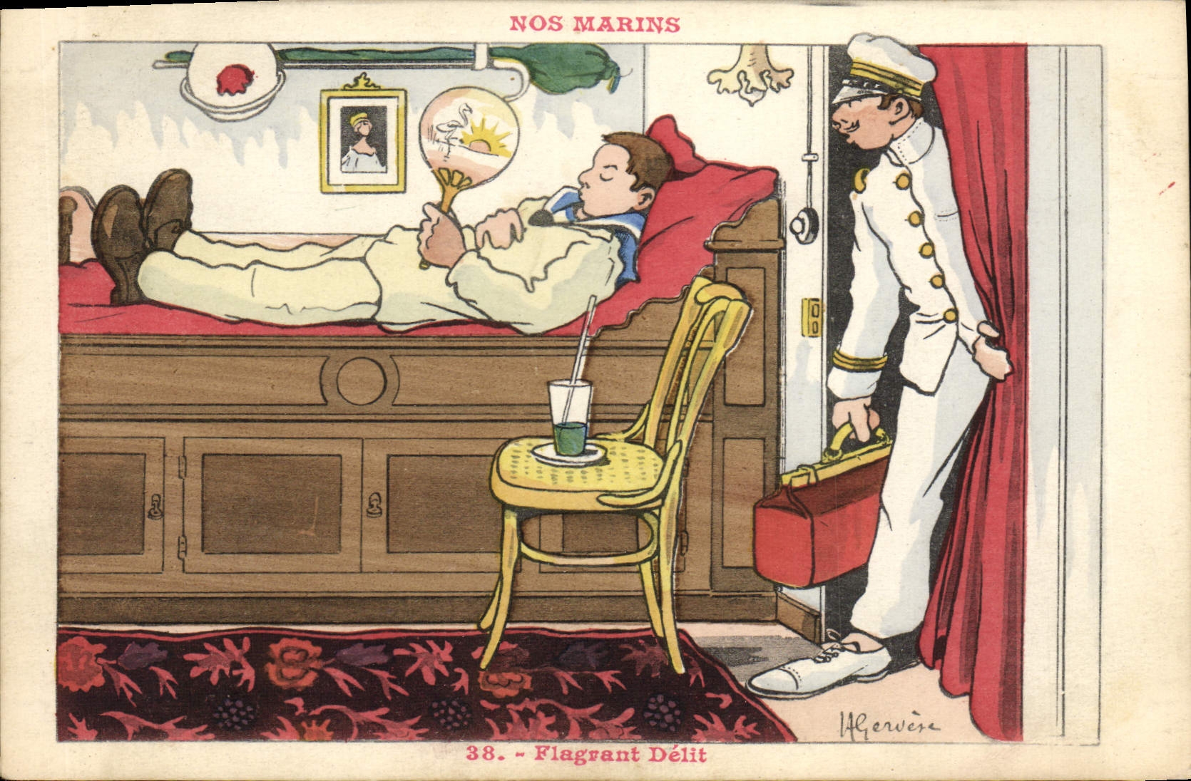 VINTAGE POSTCARD Marine Illustrator Gervese Boat War Red-handed