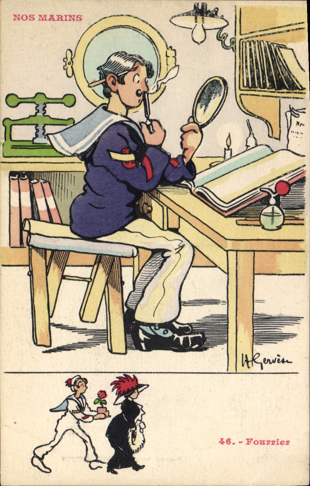 VINTAGE POSTCARD Marine Illustrator Gervese Boat War Furrier Moustache