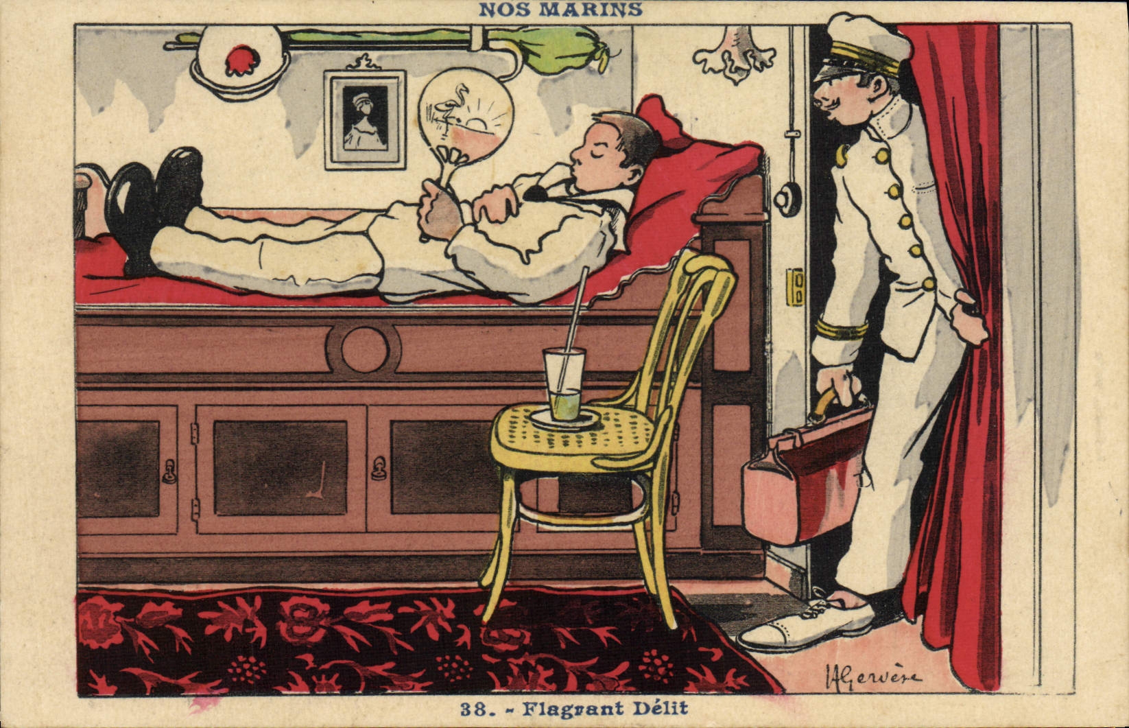 CPA Marins Illustrateur Gervese Bateau Guerre Flagrant delit