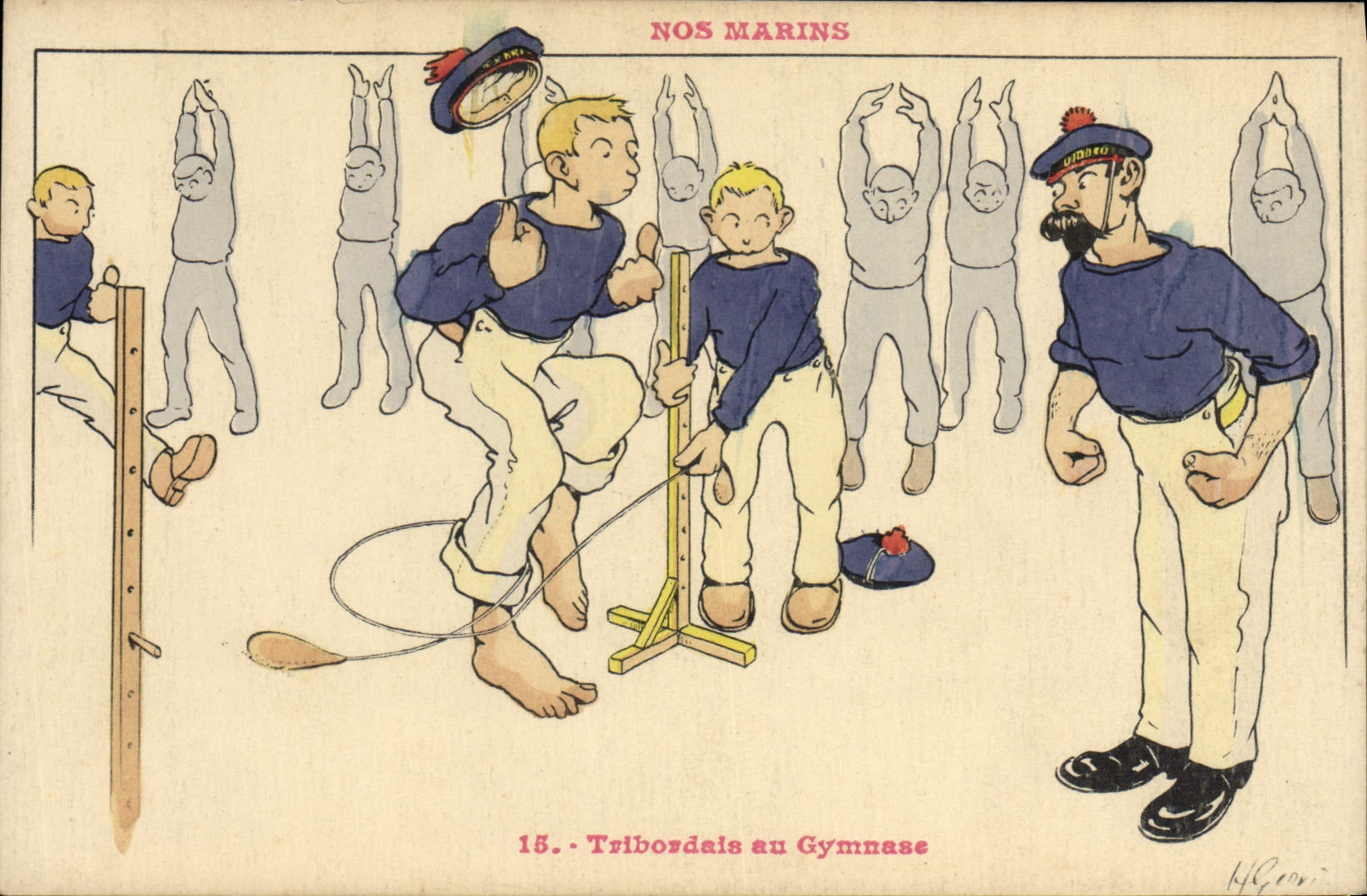CPA Marins Illustrateur Gervese Bateau Guerre Tribordais en gymnase Gymnastique