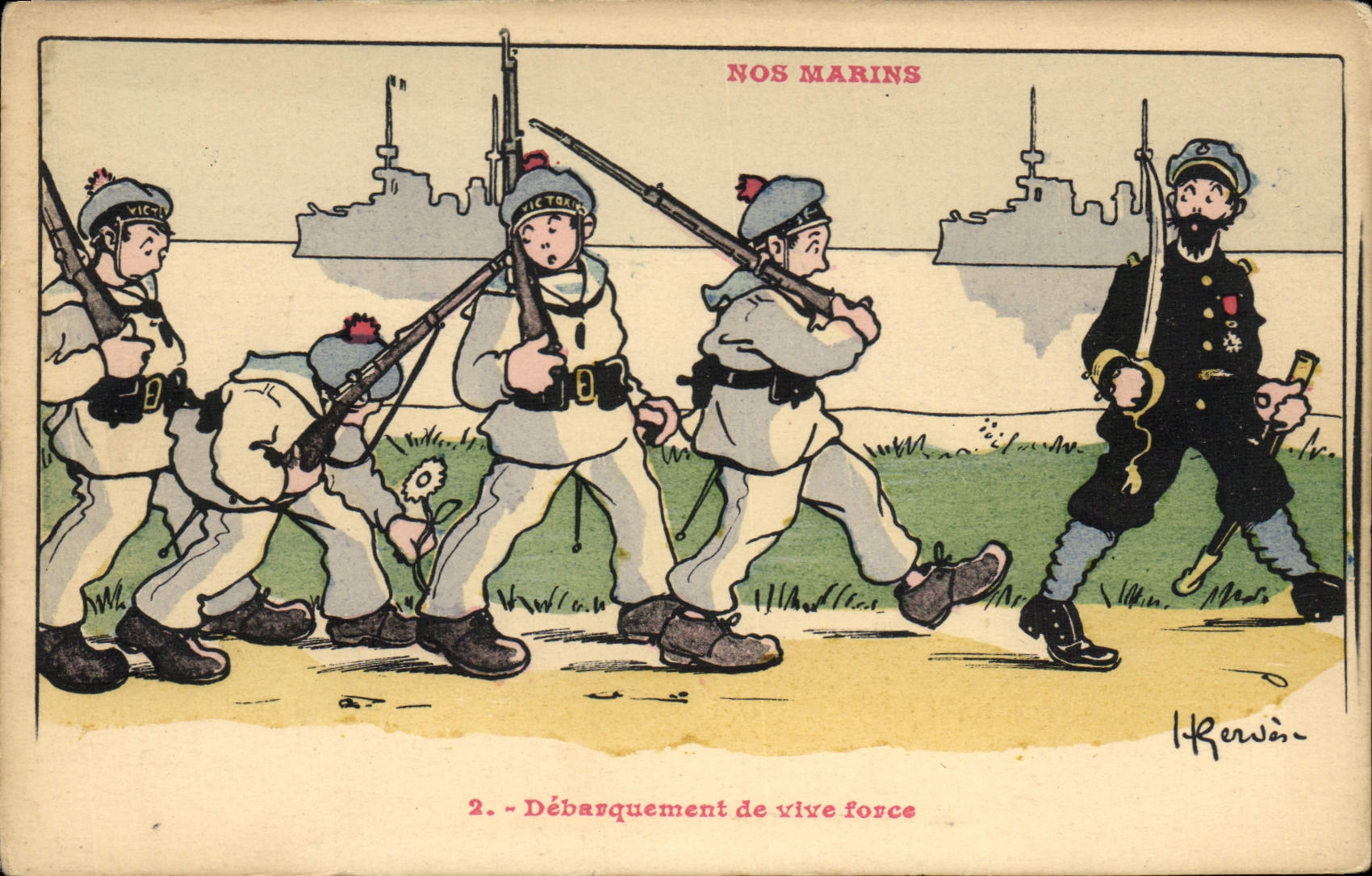 CPA Marins Illustrateur Gervese Bateau Guerre Debarquement de vive force