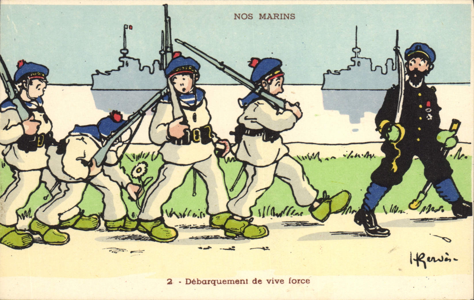 CPA Marins Illustrateur Gervese Bateau Guerre Debarquement de vive force