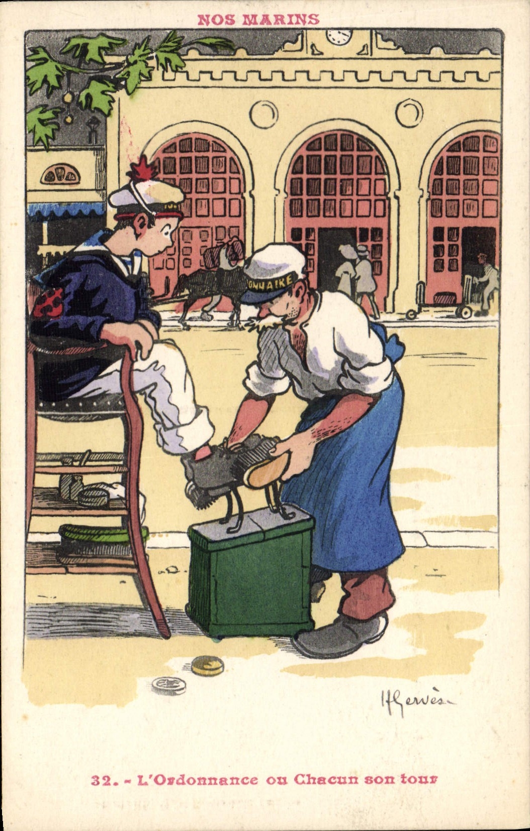 CPA Marins Illustrateur Gervese Bateau Guerre L'ordonnance ou chacun son tour Cireur de chaussures Petits Metiers