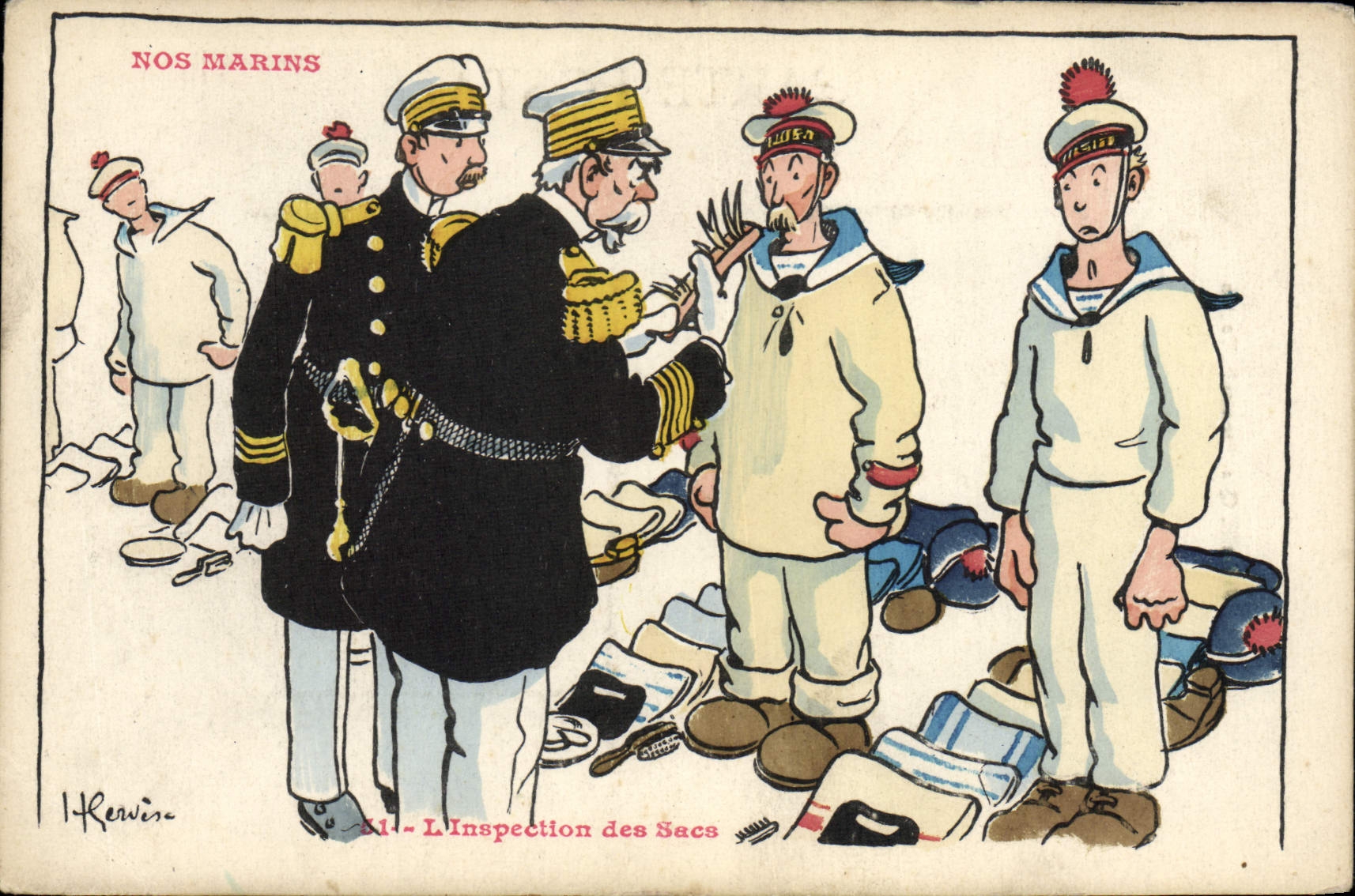 CPA Marins Illustrateur Gervese Bateau Guerre L'inspection des sacs