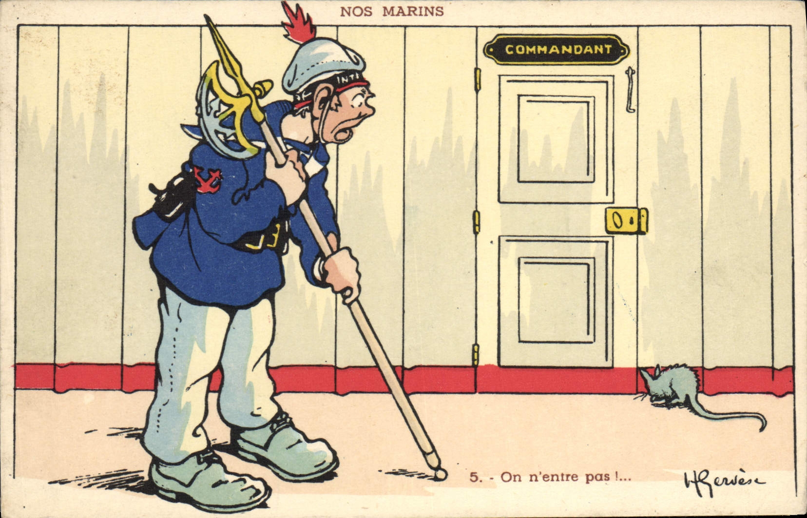 VINTAGE POSTCARD Marins Illustrator Gervese Bateau War One does not enter Souris