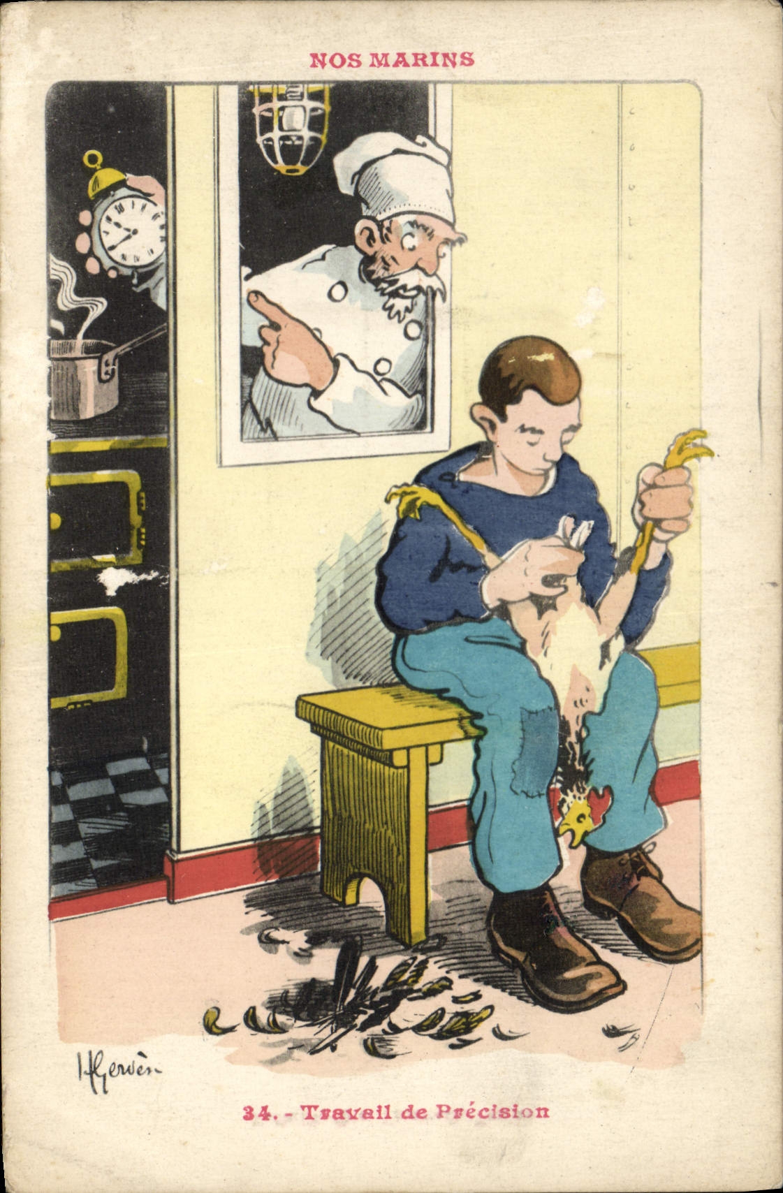 CPA Marins Illustrateur Gervese Bateau Guerre Travail de precision Poulet