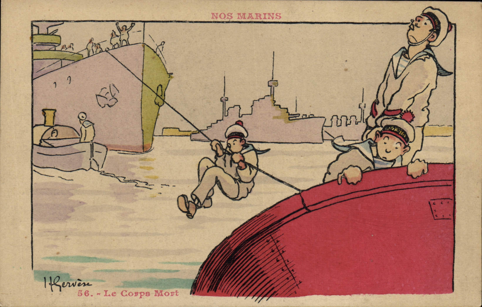 VINTAGE POSTCARD Marine Illustrator Gervese Boat War the dead-man