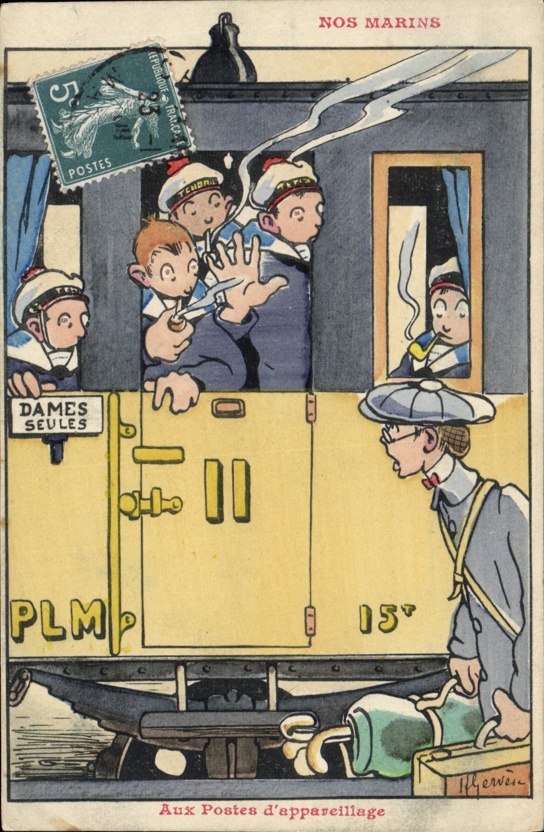 VINTAGE POSTCARD Marine Illustrator Gervese Boat War At the stations of equipment Train