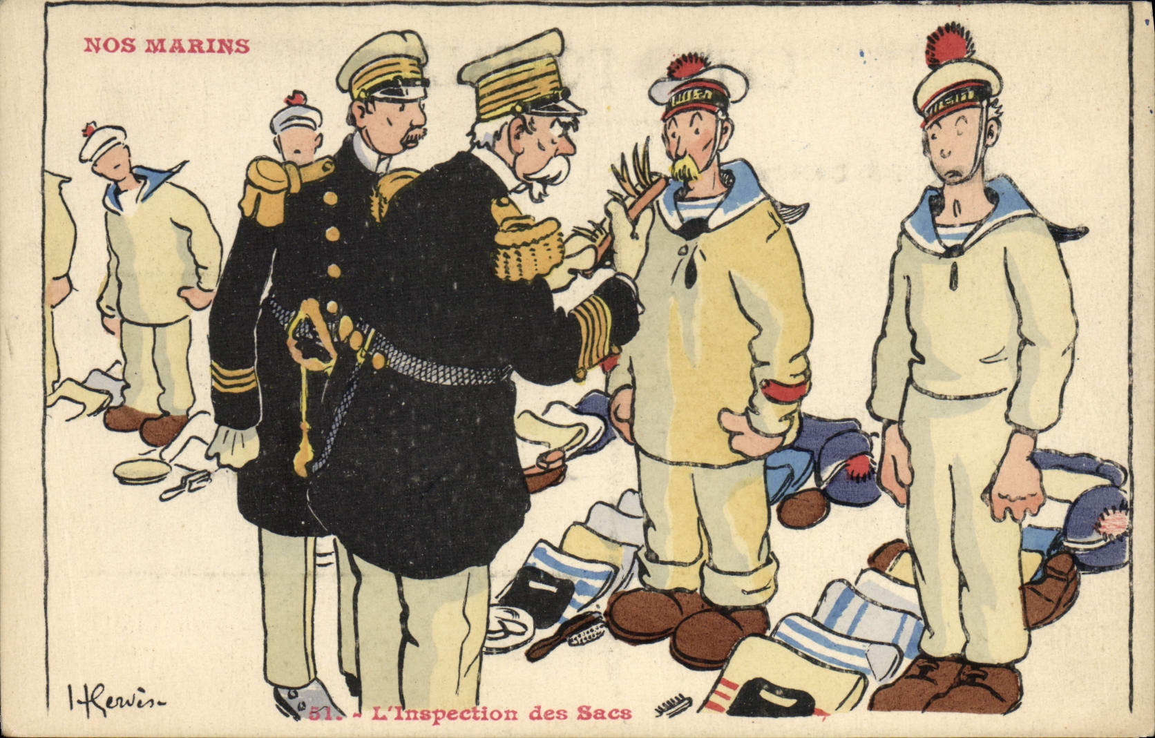 CPA Marins Illustrateur Gervese Bateau Guerre L'inspection des sacs