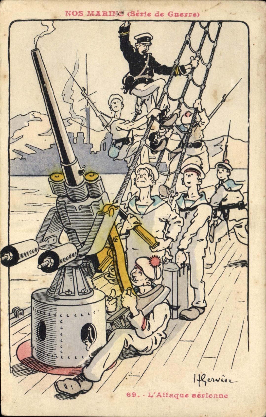 VINTAGE POSTCARD Marine Illustrator Gervese Boat War the air attack Canon