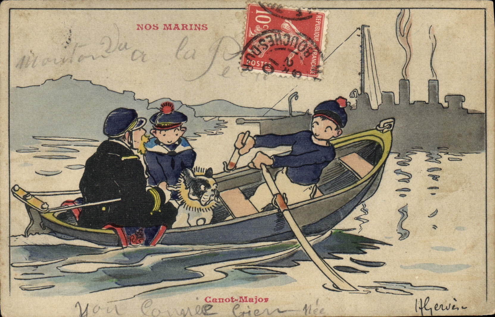 CPA Marins Illustrateur Gervese Bateau Guerre Canot major