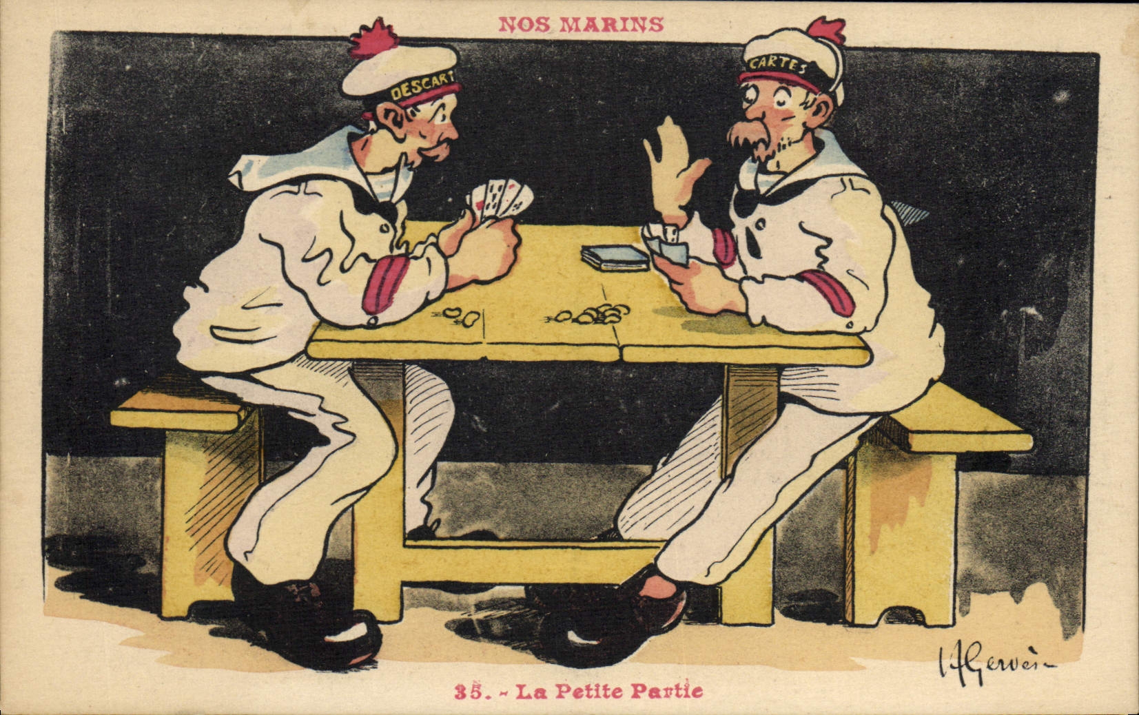 CPA Marins Illustrateur Gervese Bateau Guerre La petite partie Cartes