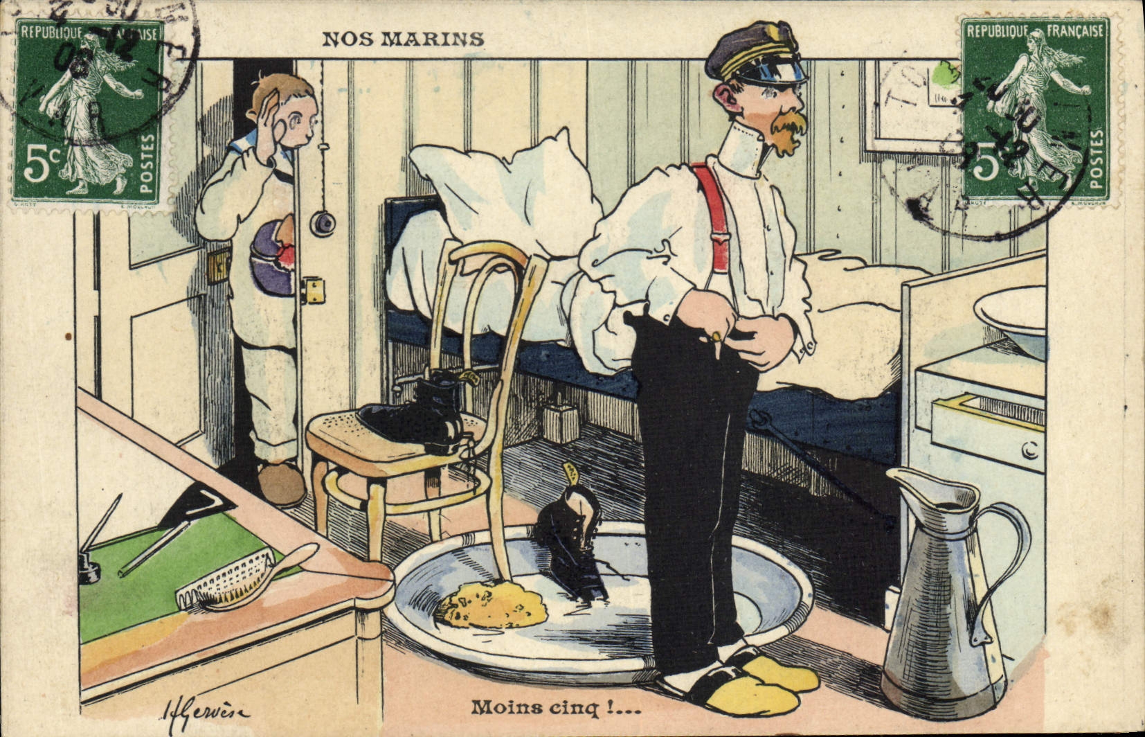 CPA Marins Illustrateur Gervese Bateau Guerre Moins cinq !