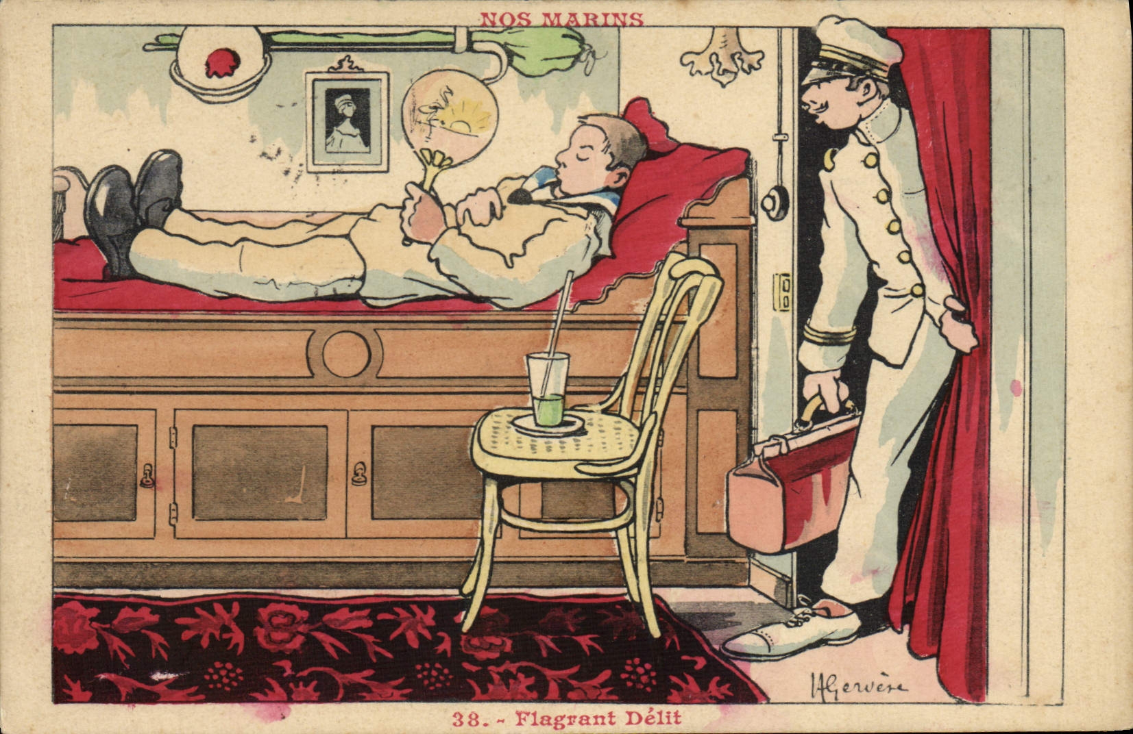 CPA Marins Illustrateur Gervese Bateau Guerre Flagrant delit 