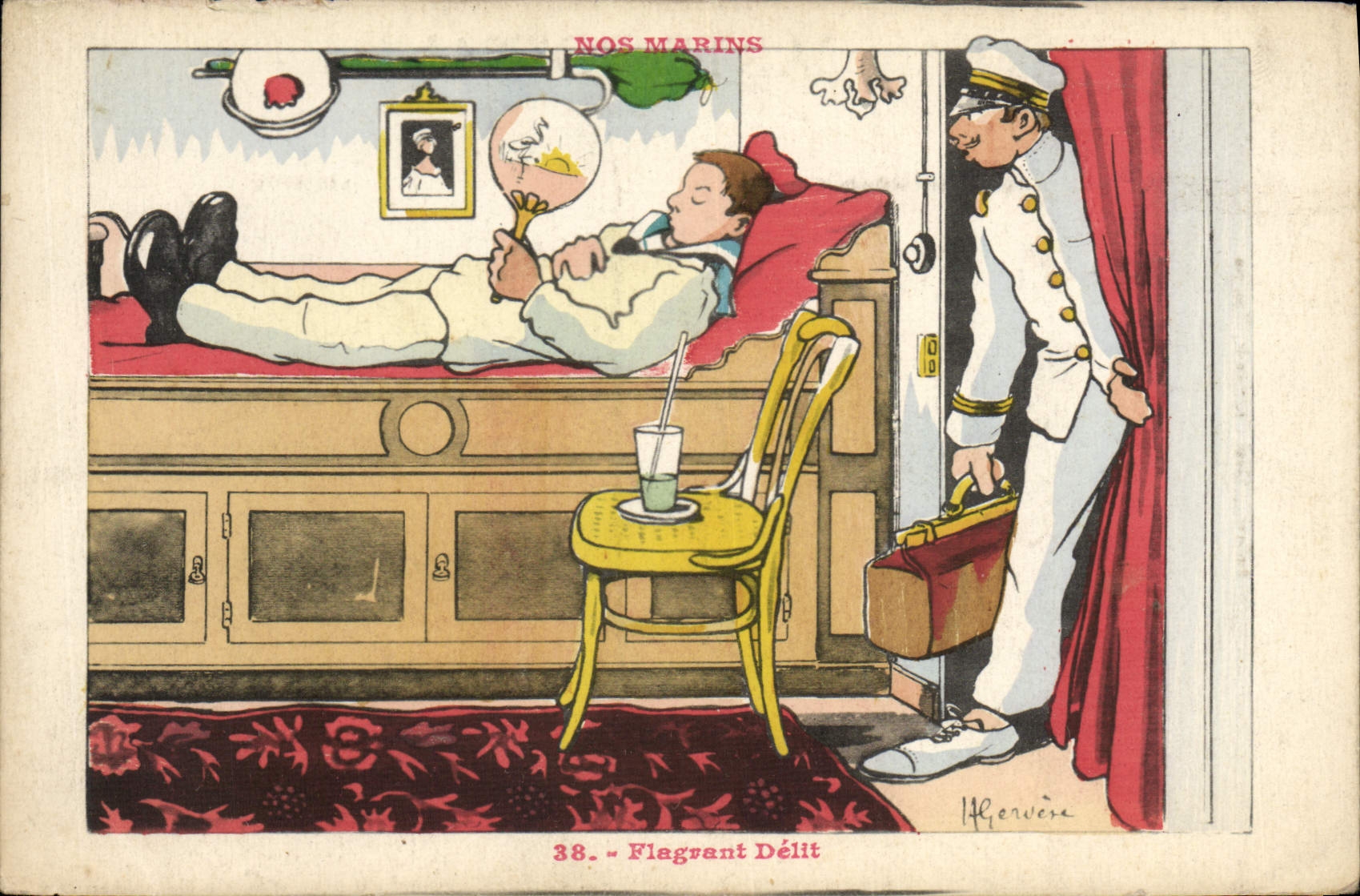 CPA Marins Illustrateur Gervese Bateau Guerre Flagrant delit 