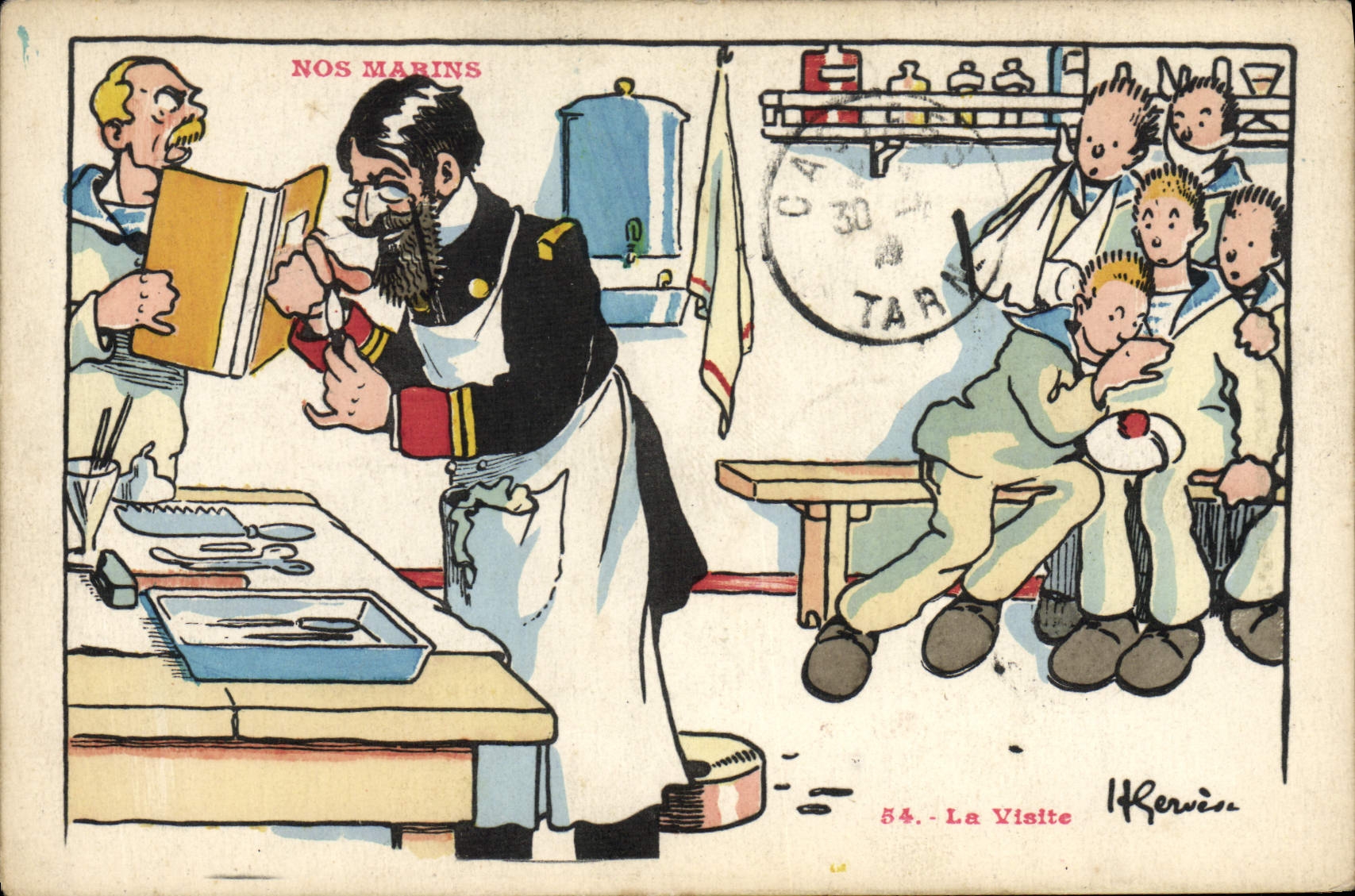 CPA Marins Illustrateur Gervese Bateau Guerre La visite Docteur Medecin Chirurgien Chirurgie