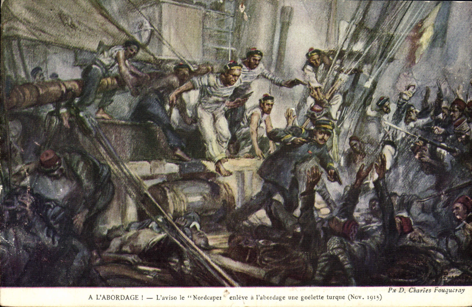 VINTAGE POSTCARD Marins With the boarding the sloop Nordcaper removes with the boarding a Turkish goelette