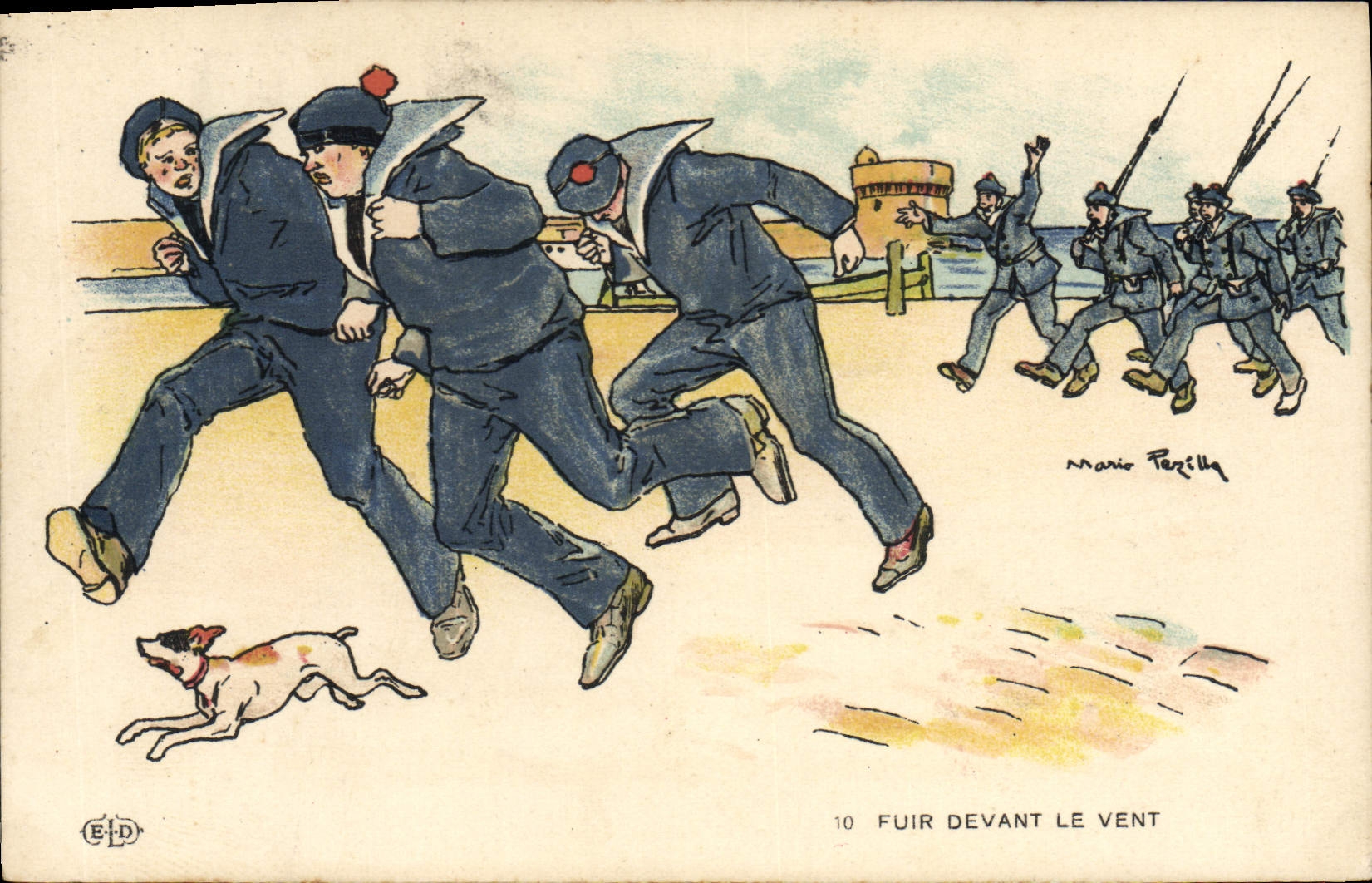 CPA Marins Fuir devant le vent Chien Mario Pezilla 