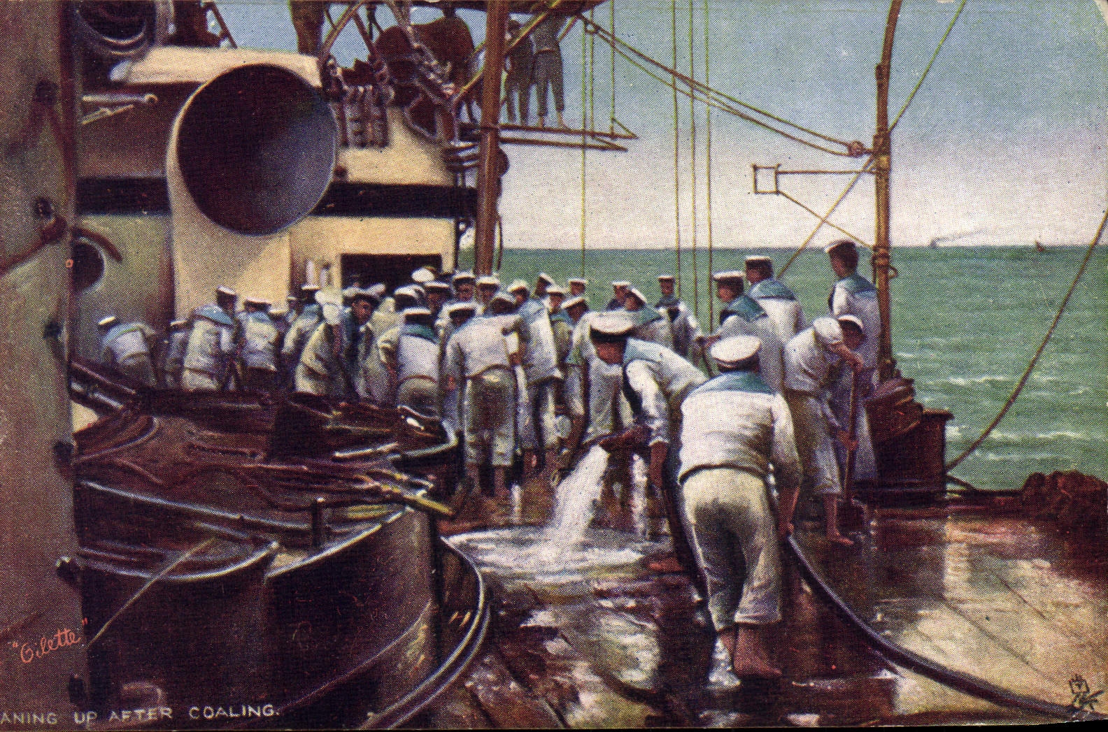 VINTAGE POSTCARD Marine Cleaning up after Coaling