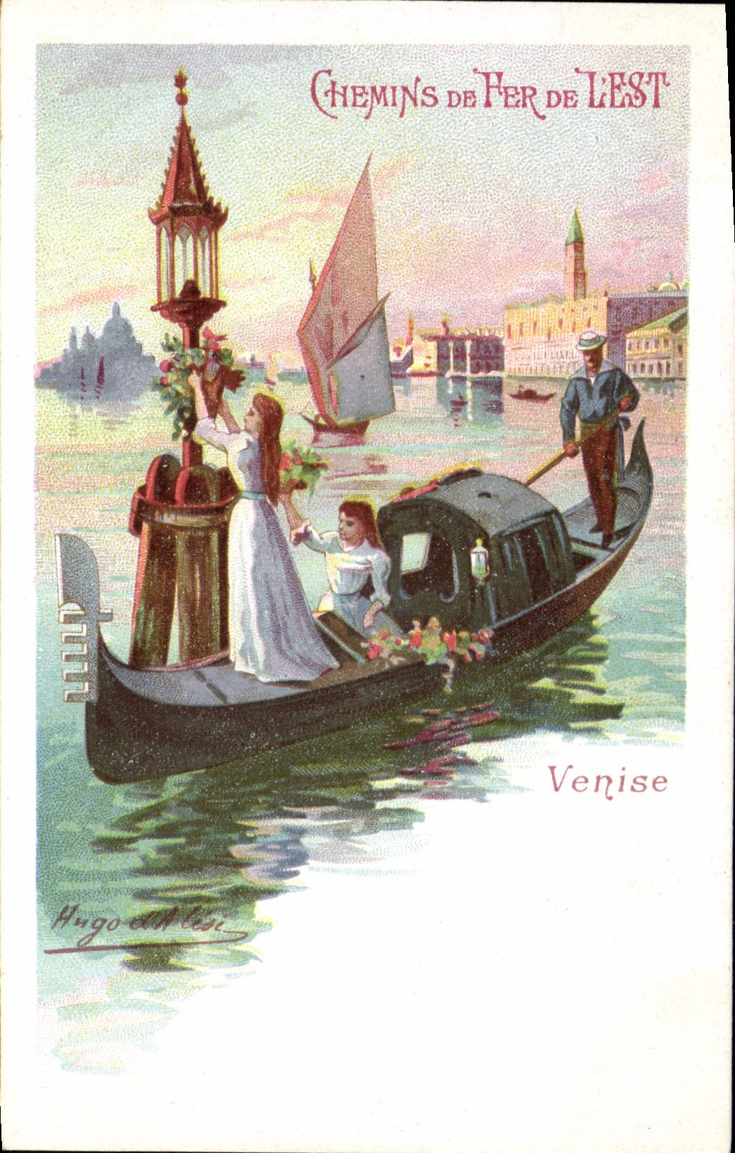 VINTAGE POSTCARD Train Railroads Is Venice gondole