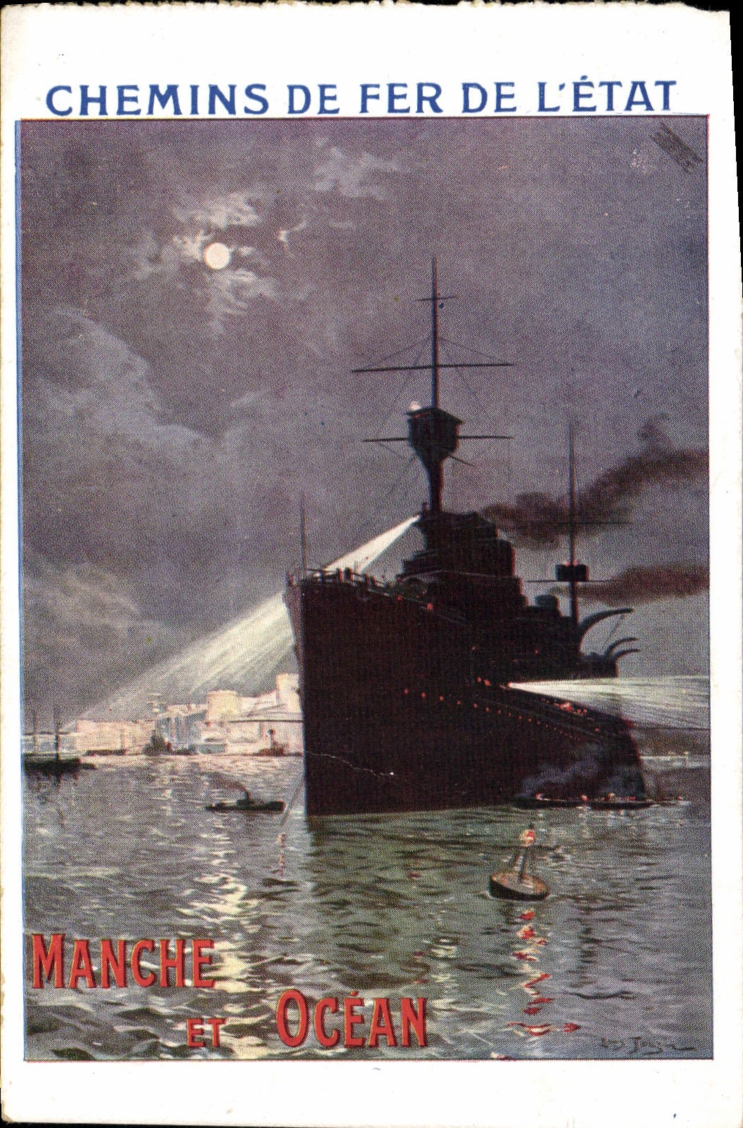 VINTAGE POSTCARD Train State railways Handle and Ocean Boat